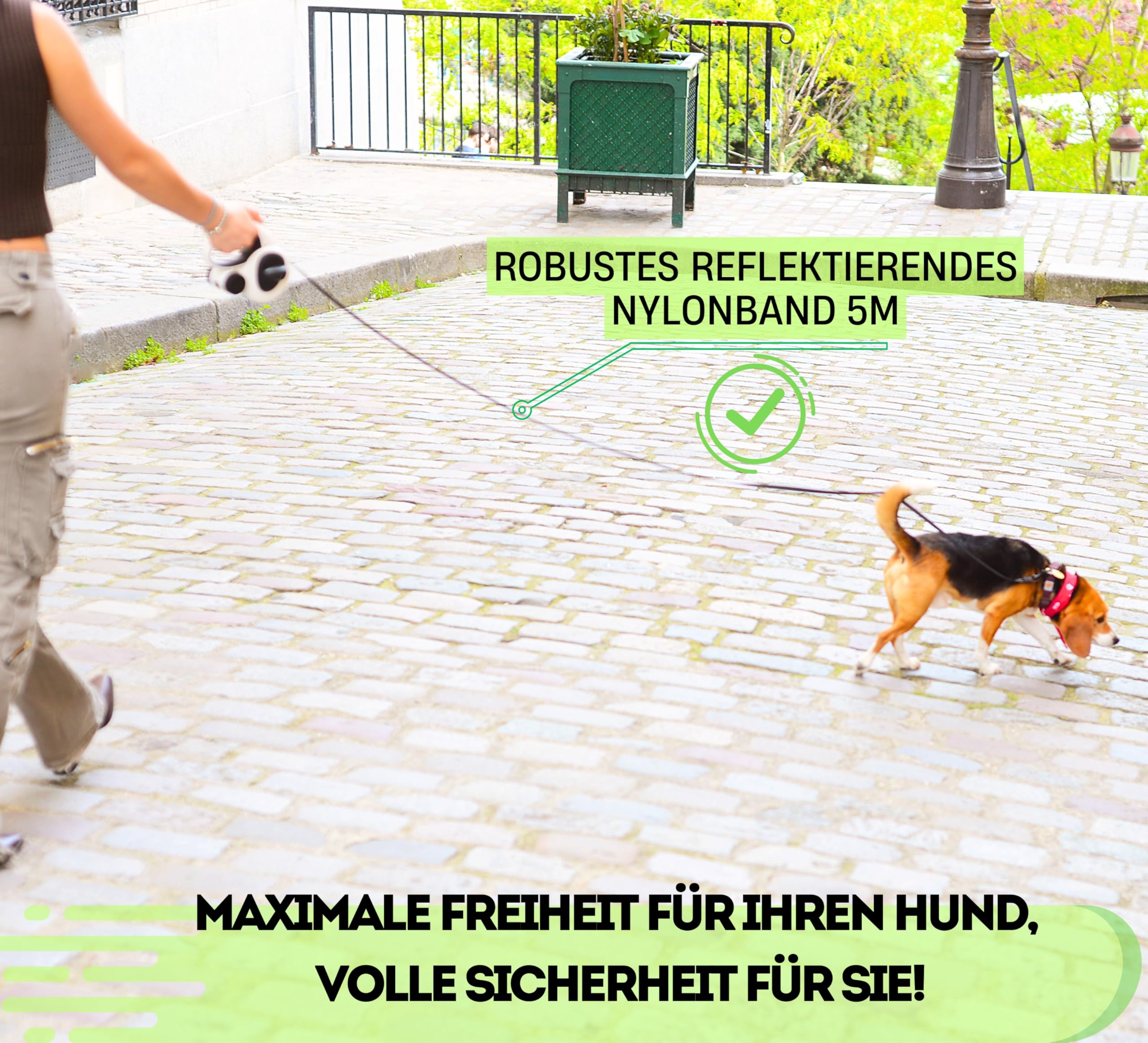 Snuggle Paws Ausziehbare Hundeleine 5m – Kompakt & Leicht: LED-Lampe, Integrierter Kotbeutelspender, Anti-Kau-Stahlseil, Reflektierendes Nylonband | Rollleine für kleine Hunde bis 20 kg