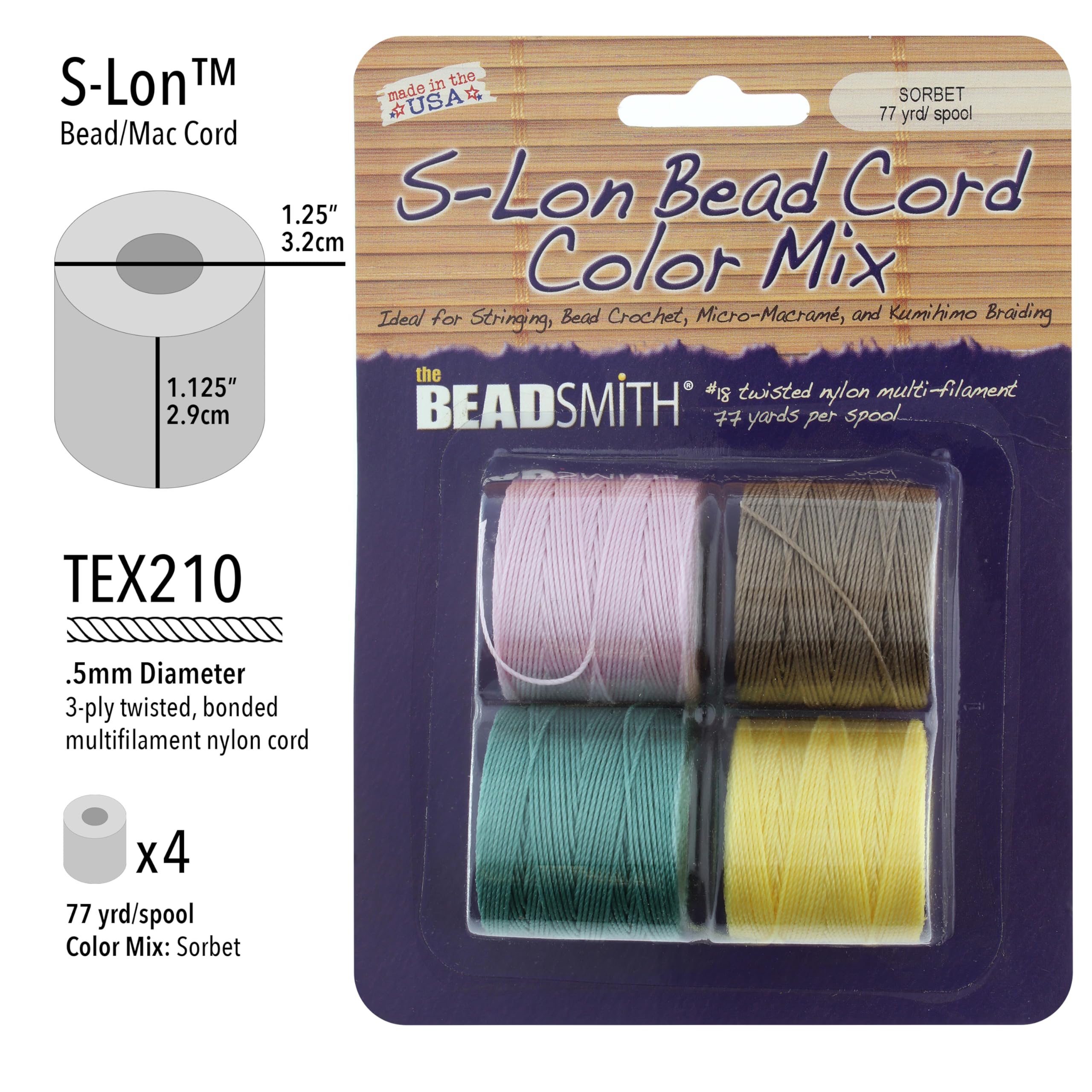 The Beadsmith S-Lon # 18 - Filo di nylon Sorbet Mix - Tex210 Cord, diametro 5 mm, confezione da 4 bobine da 70 m - per infilare perline, uncinetto, gioielli micro-macramè e progetti kumihimo