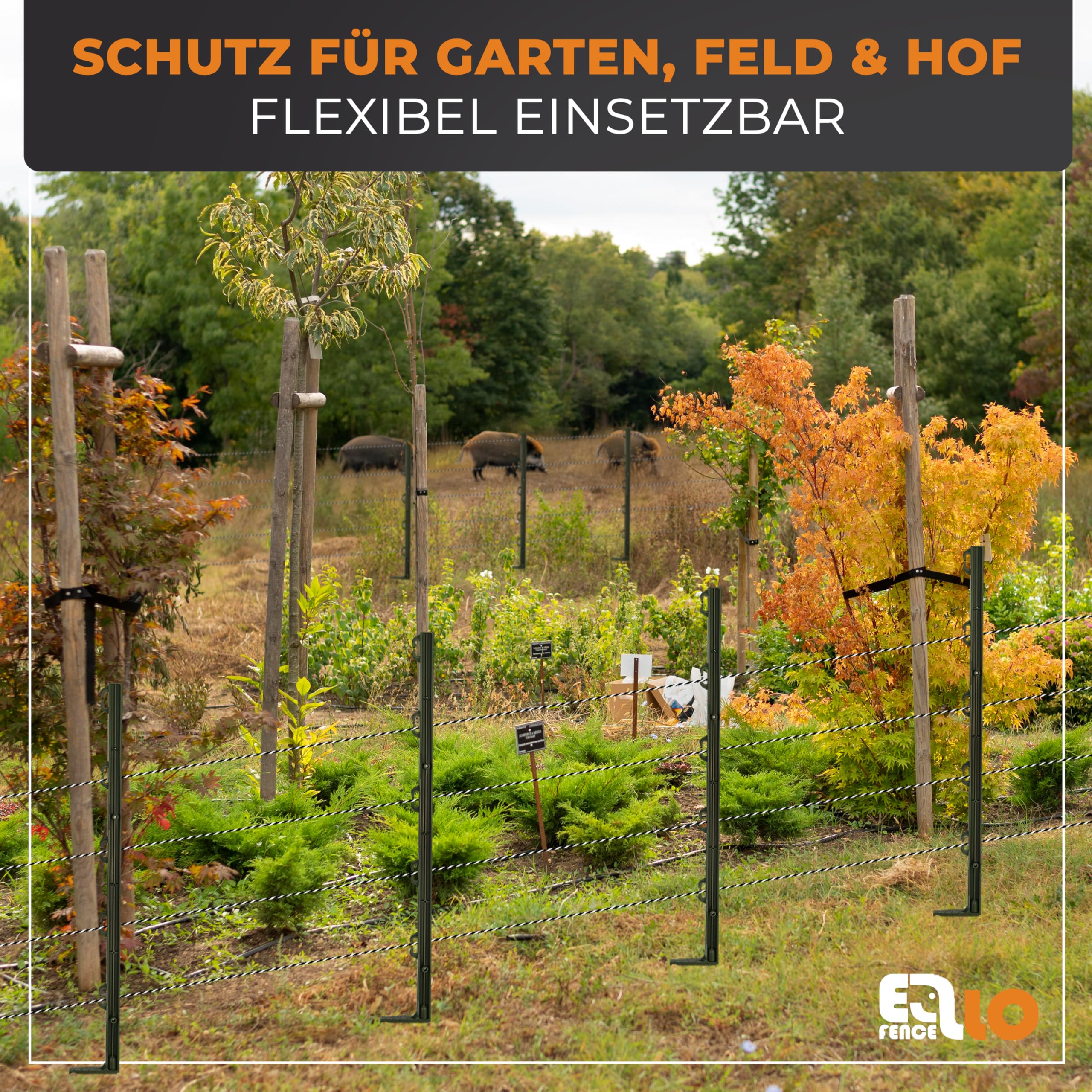 Wildschweinabwehr Set 50m | Wildschweinschutz durch Stormzaun | ALL-IN-ONE Set | Starkes 230V Weidezaungerät, 200m Litze, 10 Pfähle, 25 Ringisolatoren, Erdung, LED Prüfer & Warnschild