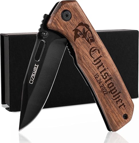 Gifts for Men, Personalized Pocket Knife - Engraved Pocket Knife with Walnut Wood Handle - 36 Icons, 13 Stylish Font - Fathers Day Gifts - Custom