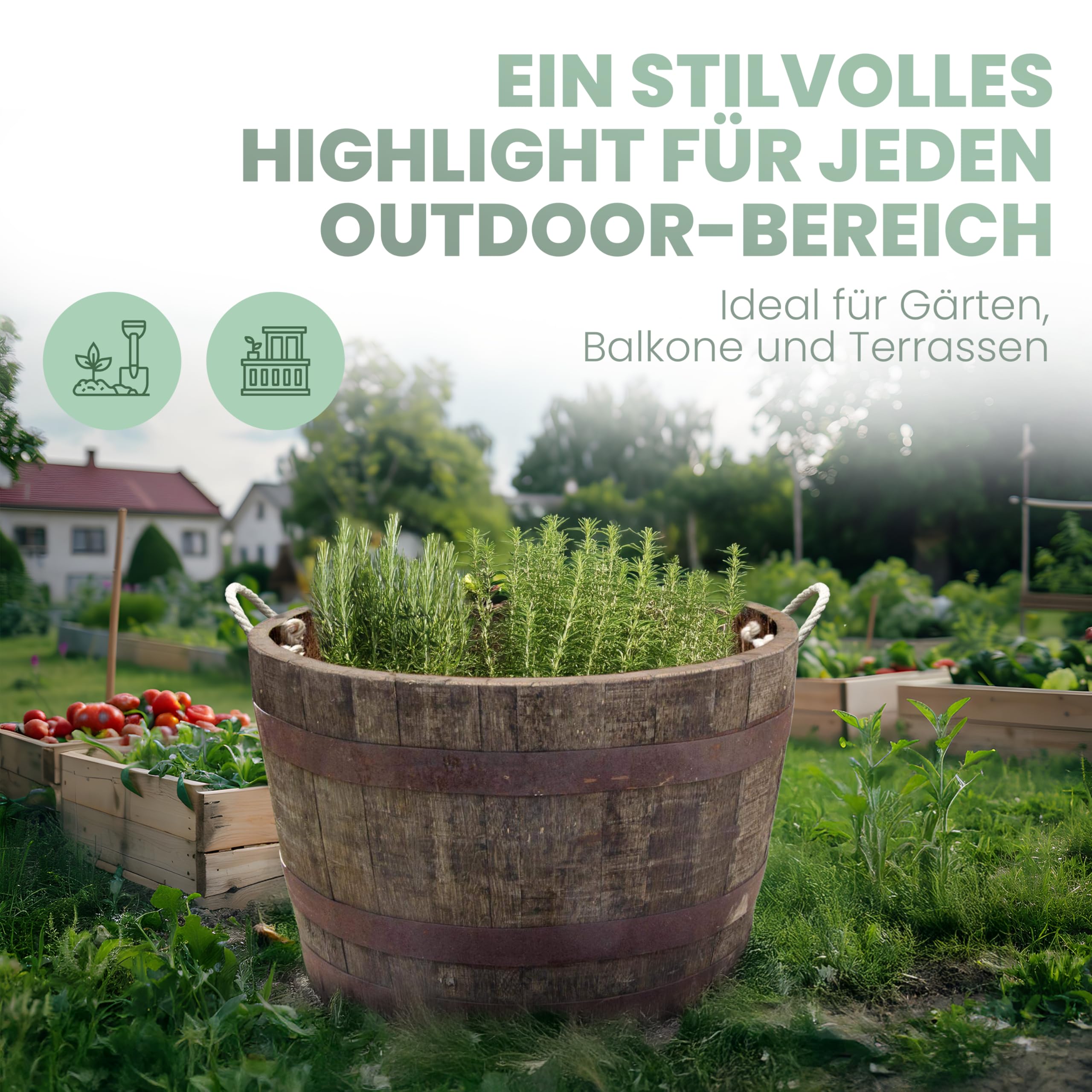 Temesso Halbes Fass aus einem originalen schottischen Whiskyfass (Natur - mit Schlaufen + Rollen + Ablaufbohrungen)