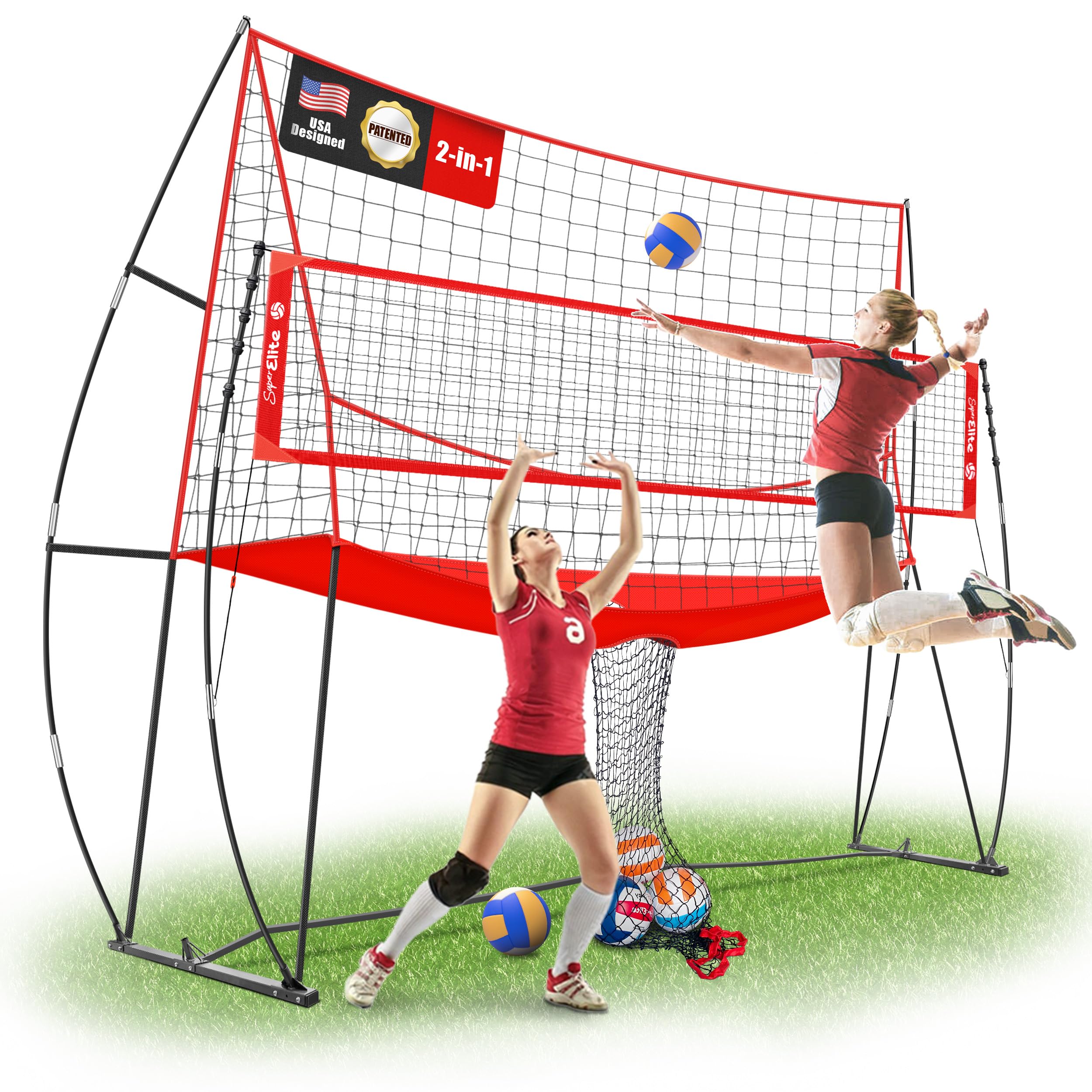 2-in-1 Volleyball Practice Net Station with Patented 5-Height (6'6'' to 8'), Heavy Duty Training System for Hitting Spiking Serving, Backyard Indoor Outdoor Trainer Equipment
