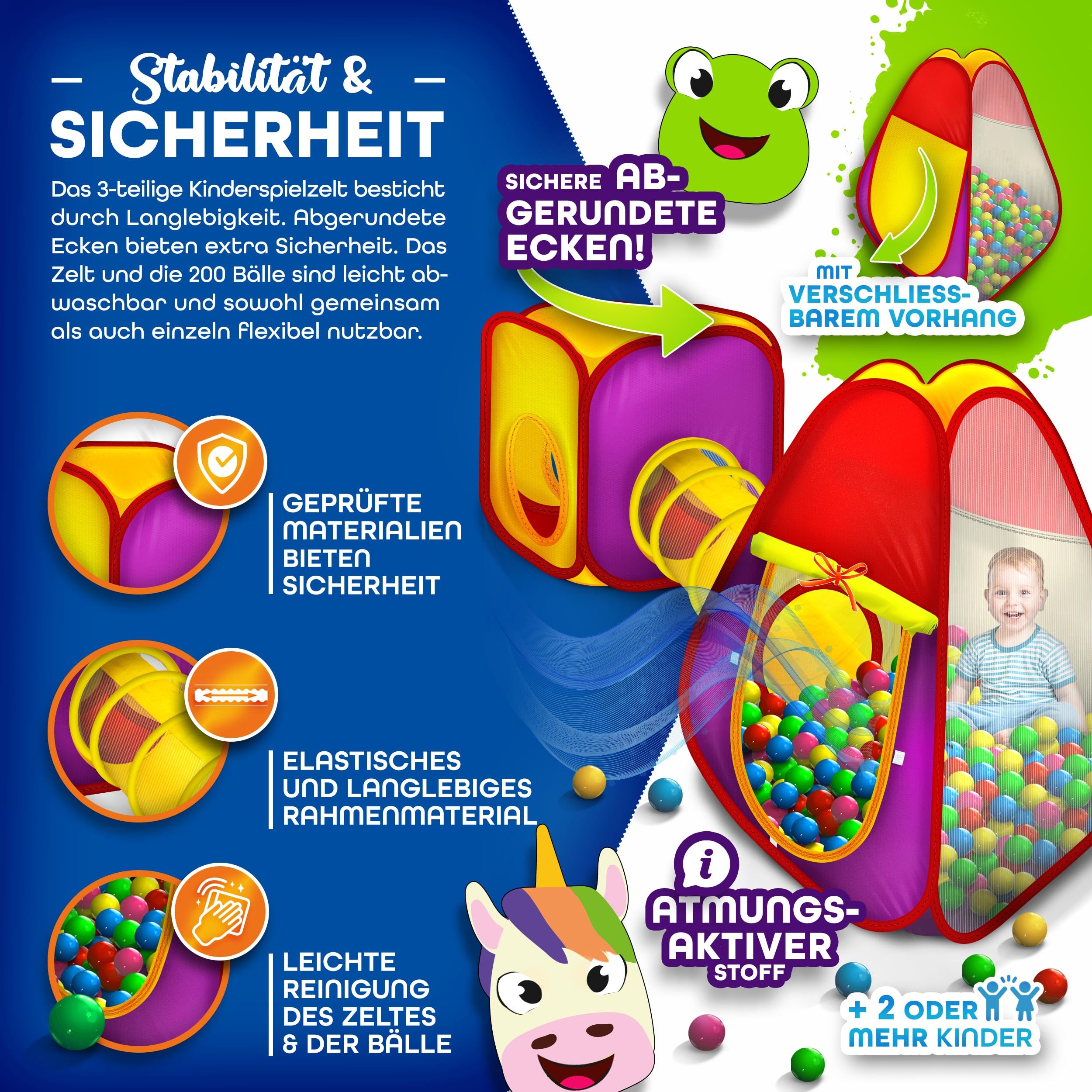 KIDUKU® 3-teiliges Bällebad Spielzelt Babyzelt + Krabbeltunnel + 200 Bälle + Tasche für drinnen und draußen