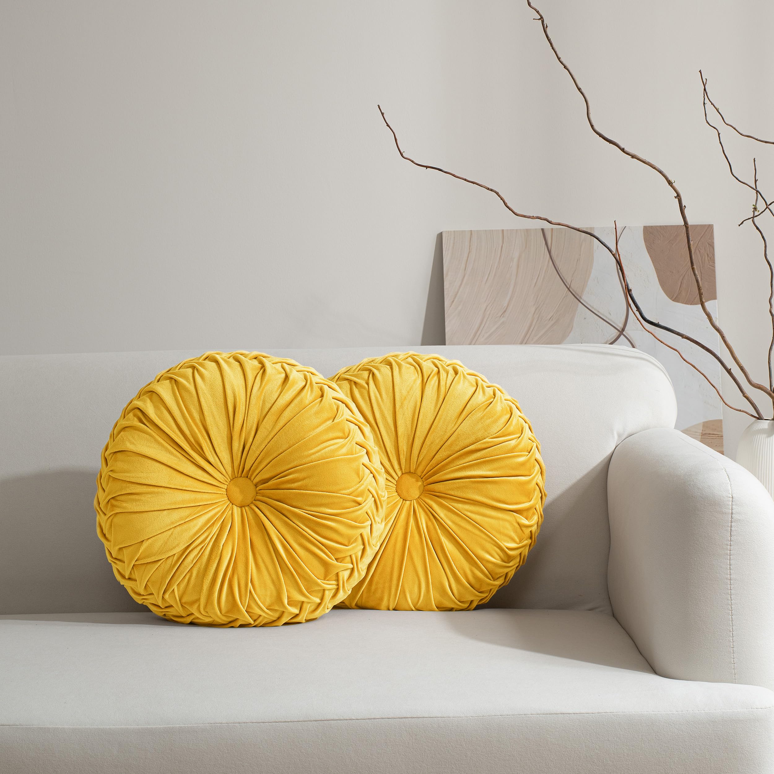 HIG Set of 2 Yellow Velvet Decorative Round Pleated Throw Pillows