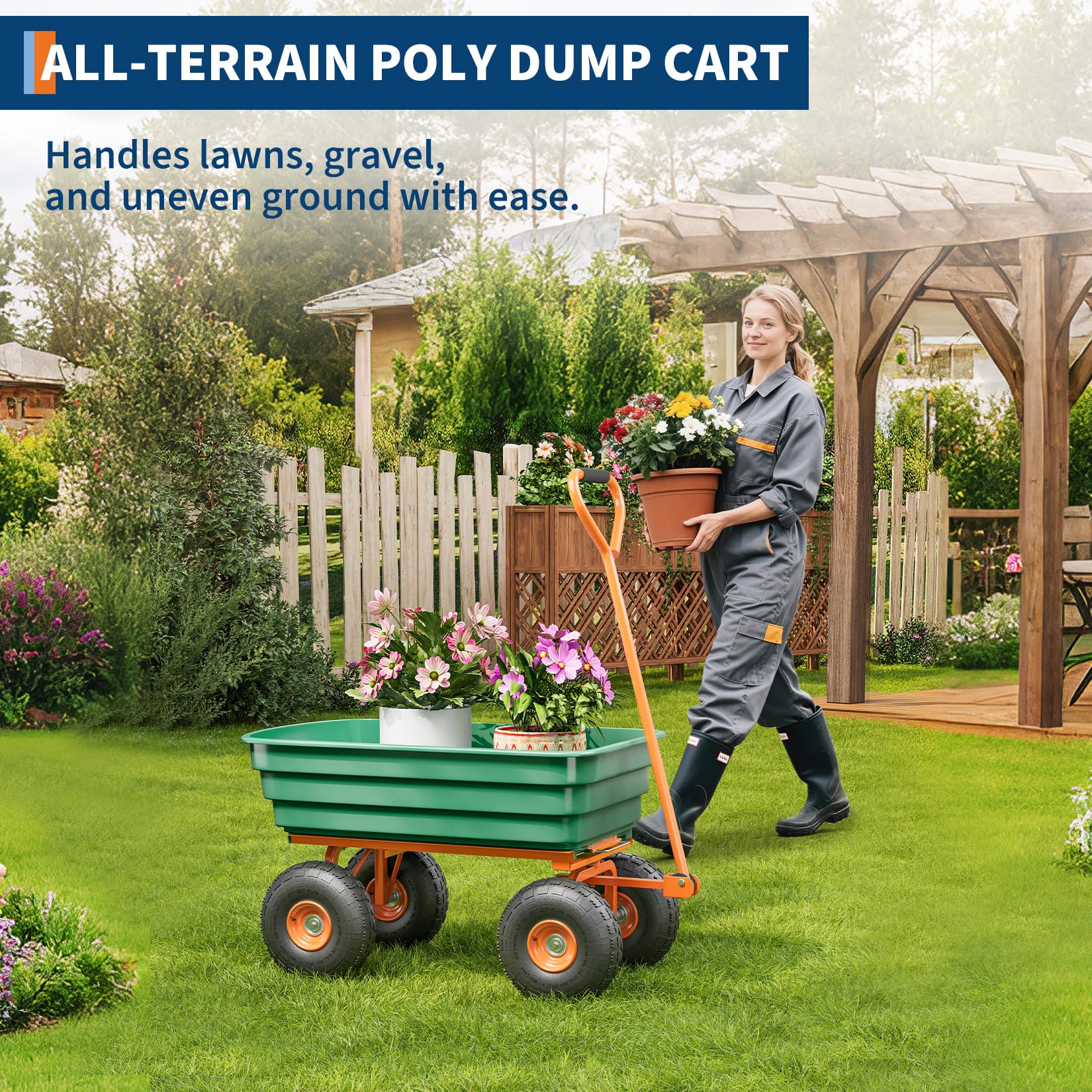 Gartenwagen 544 kg Tragkraft, Transportwagen mit Kippfunktion | 13 Zoll No-Flat Reifen, 198L PP-Kippmulde, 180° Verstellbarer Griff, Mehrzweck Schubkarre Für Outdoor, Pflanzen & Holzscheite