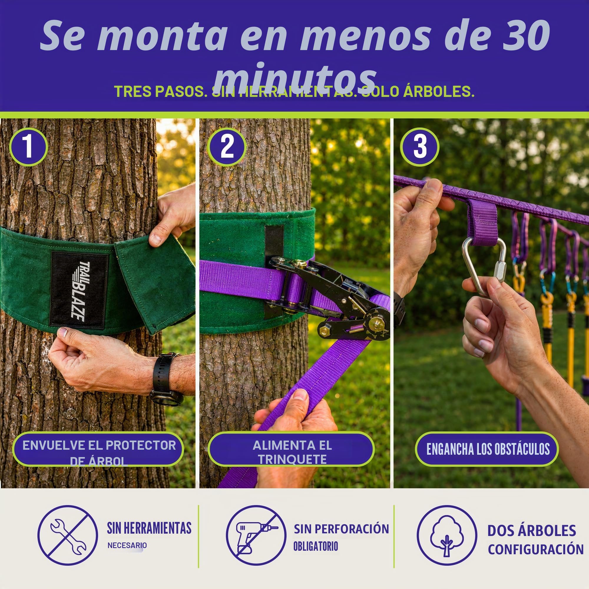 Trailblaze Slackline Ninja Warrior Obstacle Course para niños, 15 m Ninja Slack Line Anillos de gimnasio, barras de mono, protectores de árboles, diversión perfecta al aire libre para niños