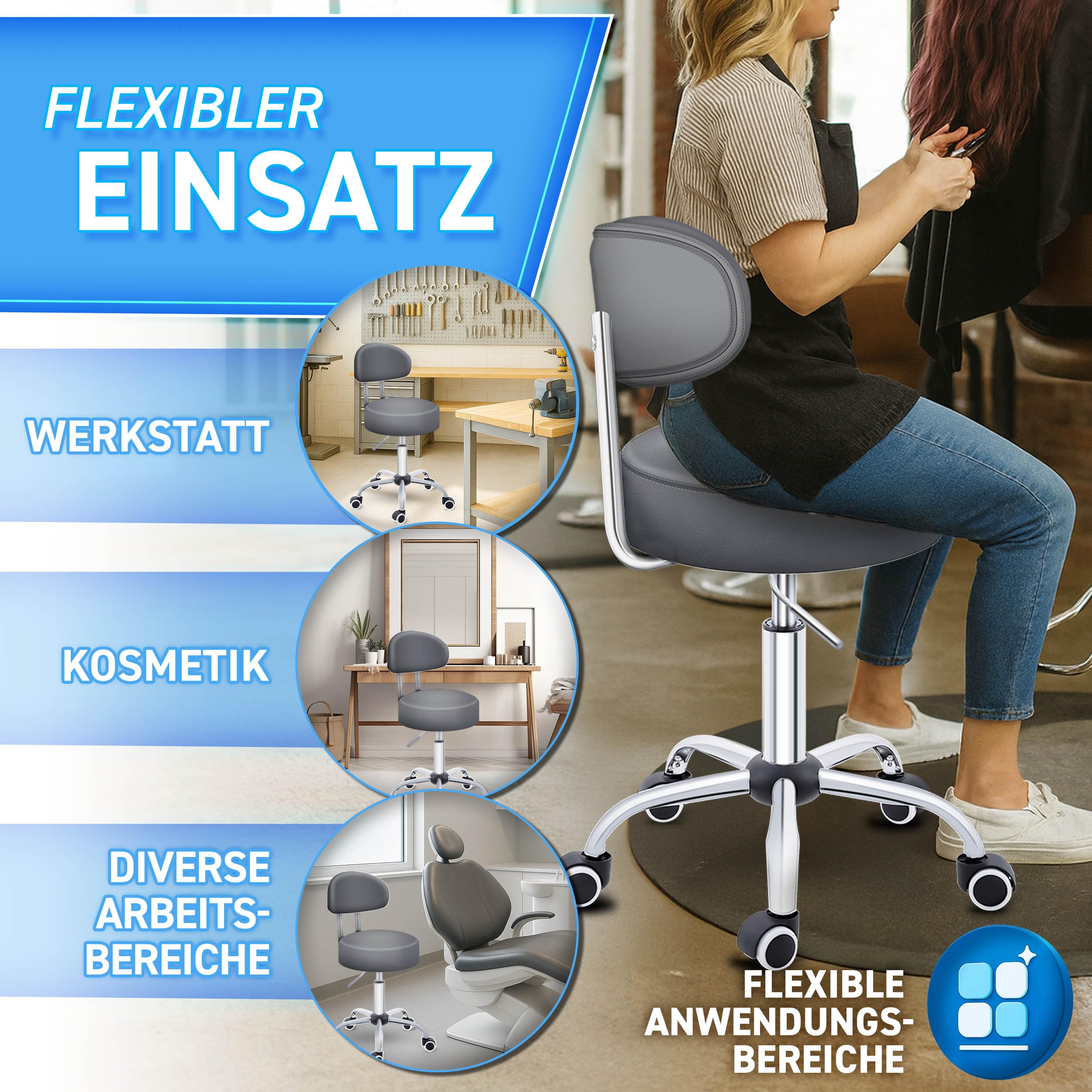TRESKO® Rollhocker mit Lehne Grau | Arbeitshocker höhenverstellbar 46-58 cm | Drehhocker mit Rollen | Bürostuhl Hocker Drehstuhl Kosmetikhocker