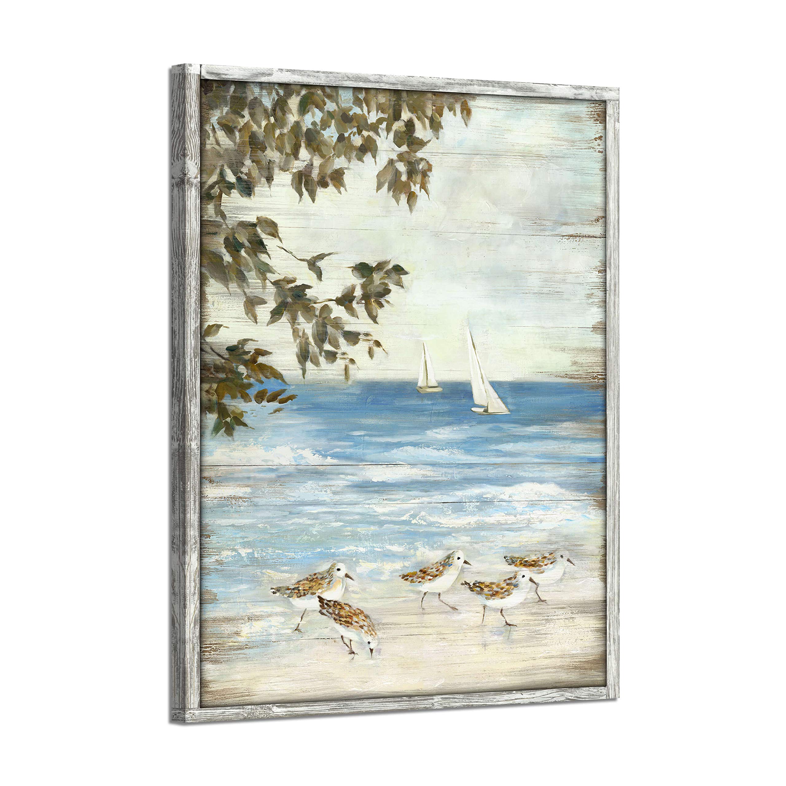 Ocean Abstract Wooden Artwork Framed: Seagulls Graphic Art Print on Wood Board for Bathroom (12''W x 16''H, Multi-Sized/Material)