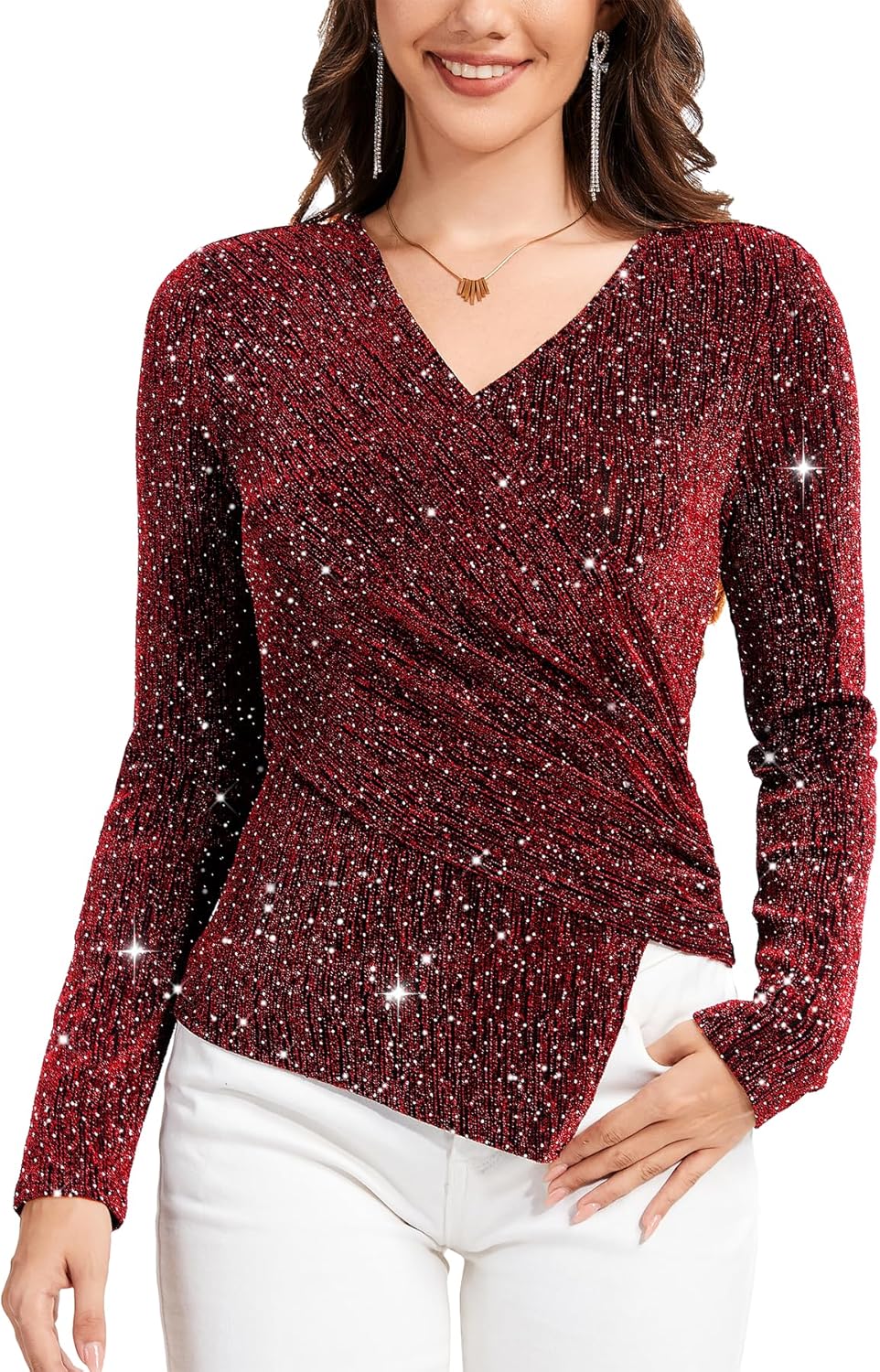 PEIQI Women's Rhinestone Top Long Sleeve Shimmer Glitter Sparkly Blouse for Cocktail Party Evening Shirts