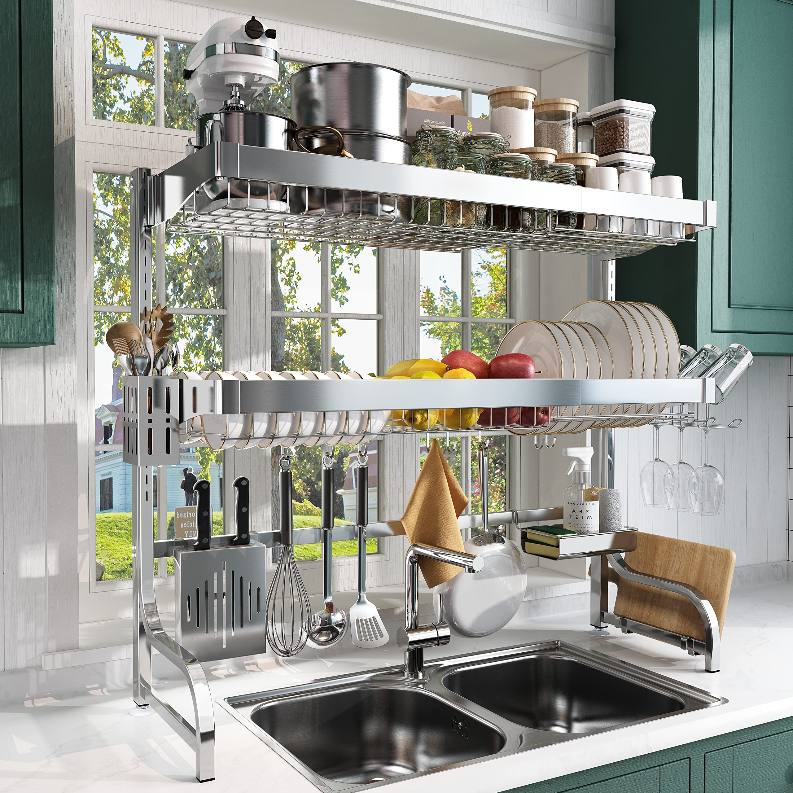 3 Tier Over Sink Dish Drying Rack, Boosiny Adjustable (25.6"-35.5") Large Dish Rack Drainer for Kitchen Storage Counter Organizer, Full 304 Stainless Steel Shelf with Utensil Holder and 10 Hooks