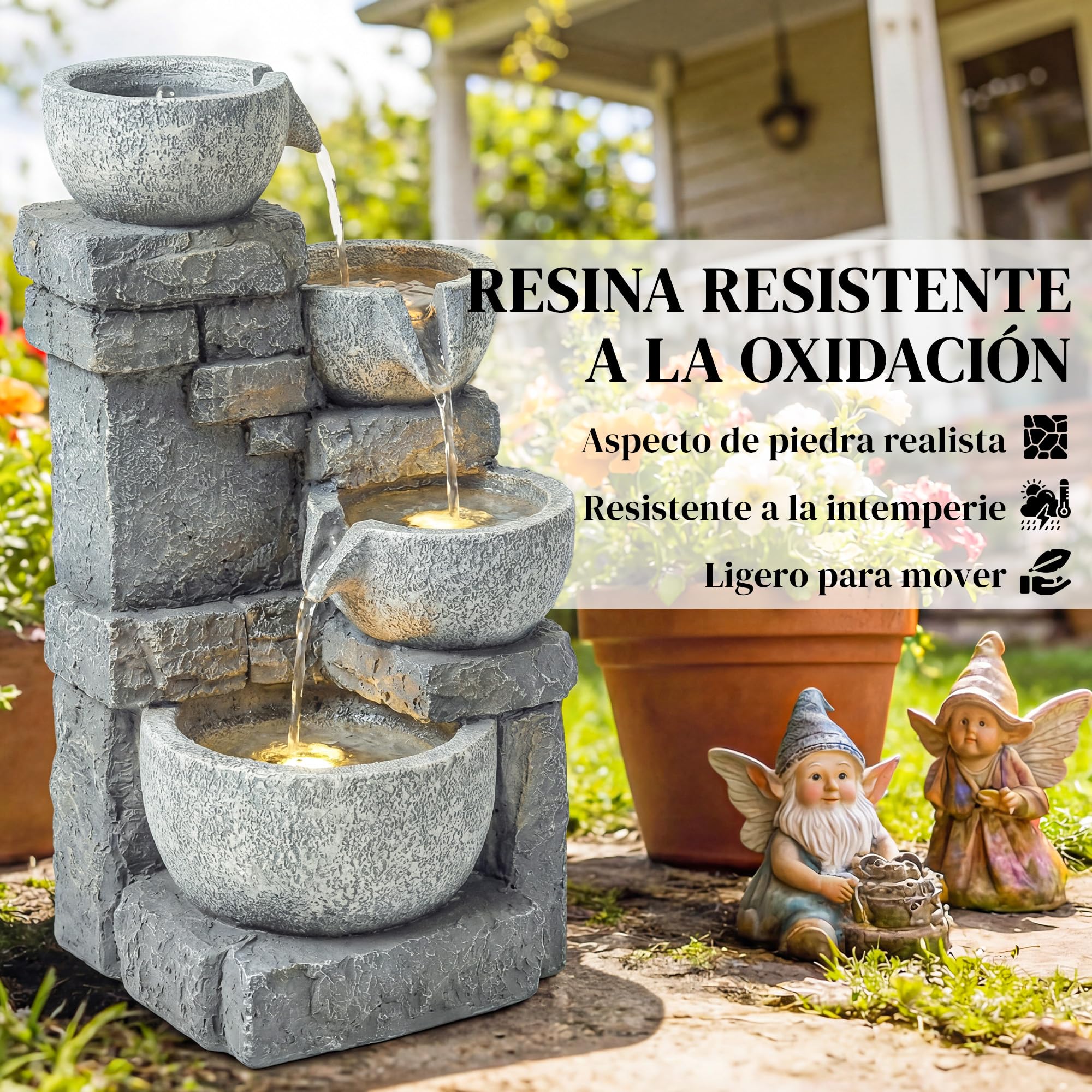 Outsunny Fuente de Agua Decorativa con Iluminación LED y Bomba, Fuente de Jardín Exterior en Cascada de 4 Niveles, Flujo Ajustable, Resistente a la Intemperie, para Jardín, Terraza, Patio, Gris