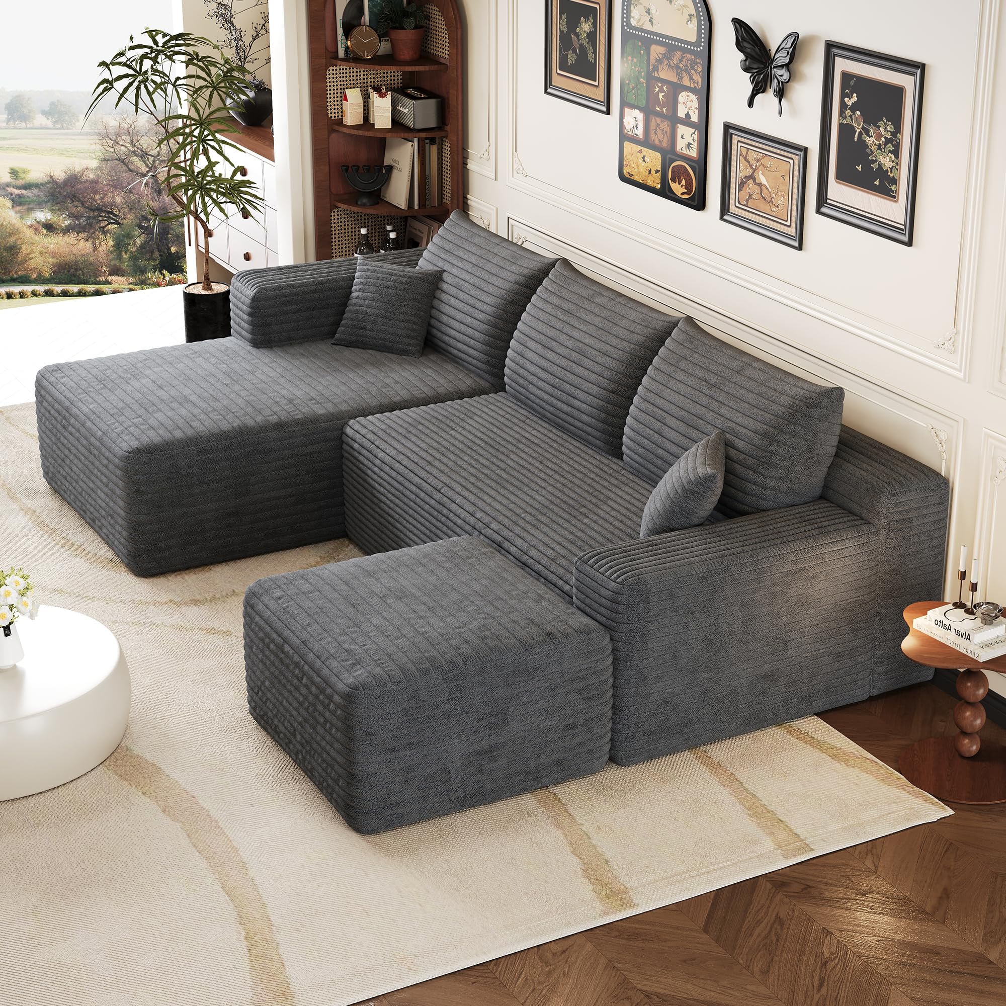 Divano angolare con funzione letto, 241 cm, motivo nuvole, divano letto modulare a forma di U, 3 posti con 2 ottomani, divani sezionali per soggiorno, non richiede montaggio, grigio scuro