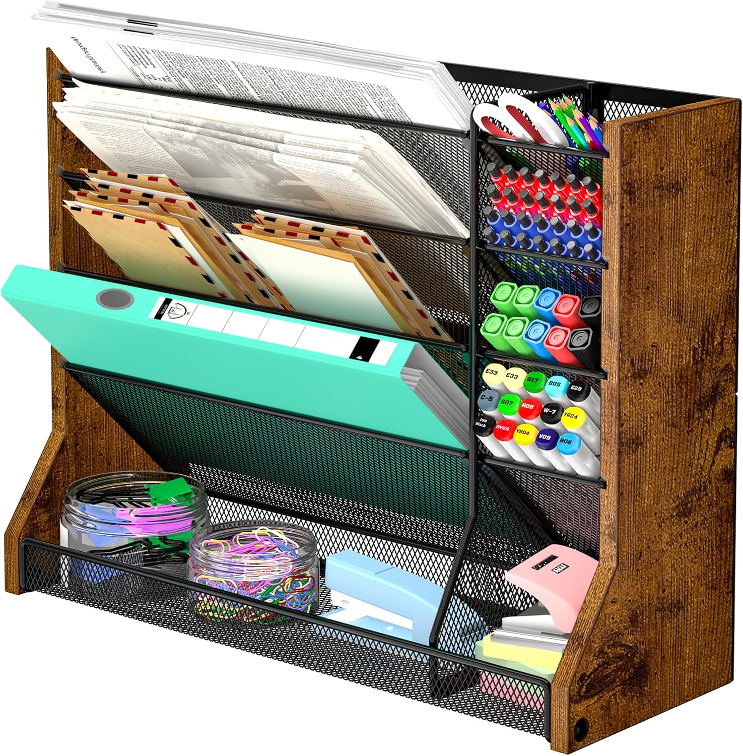 Jakyitvi Wall Desk File Organizer 5 Tiers, Ironwood Hanging File Organizer with R-shaped Tray, Wall File Holder for Office Home, 4 Pull-Out Divider and Pen Slots to Sort File,Mail,Newspaper,Pen, Brown