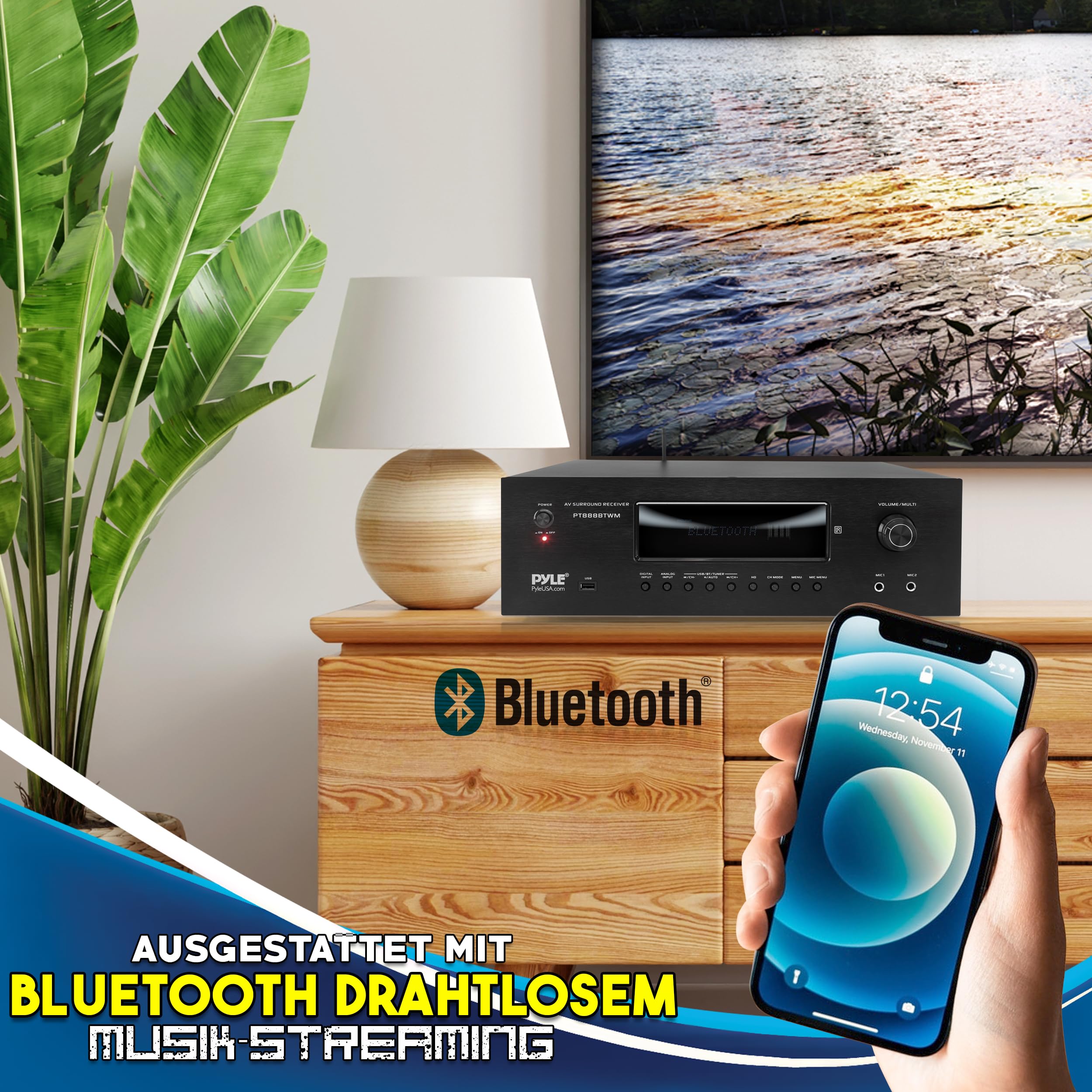 Pyle AV-Receiver 5.2 Kanal HiFi Verstärker mit Bluetooth HDMI ARC 4K Pass-Through 1000W 2 UHF-Funkmikrofone Heimkino