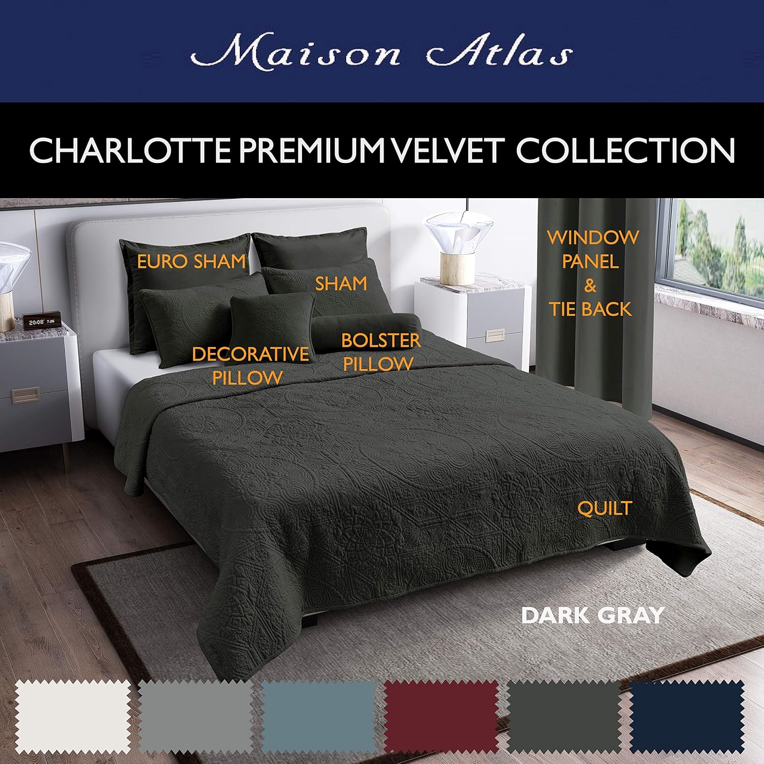 Velvet Quilt, Charlotte Premium Velvet Collection, Cotton Backing, Cotton Batting, King, Dark Gray