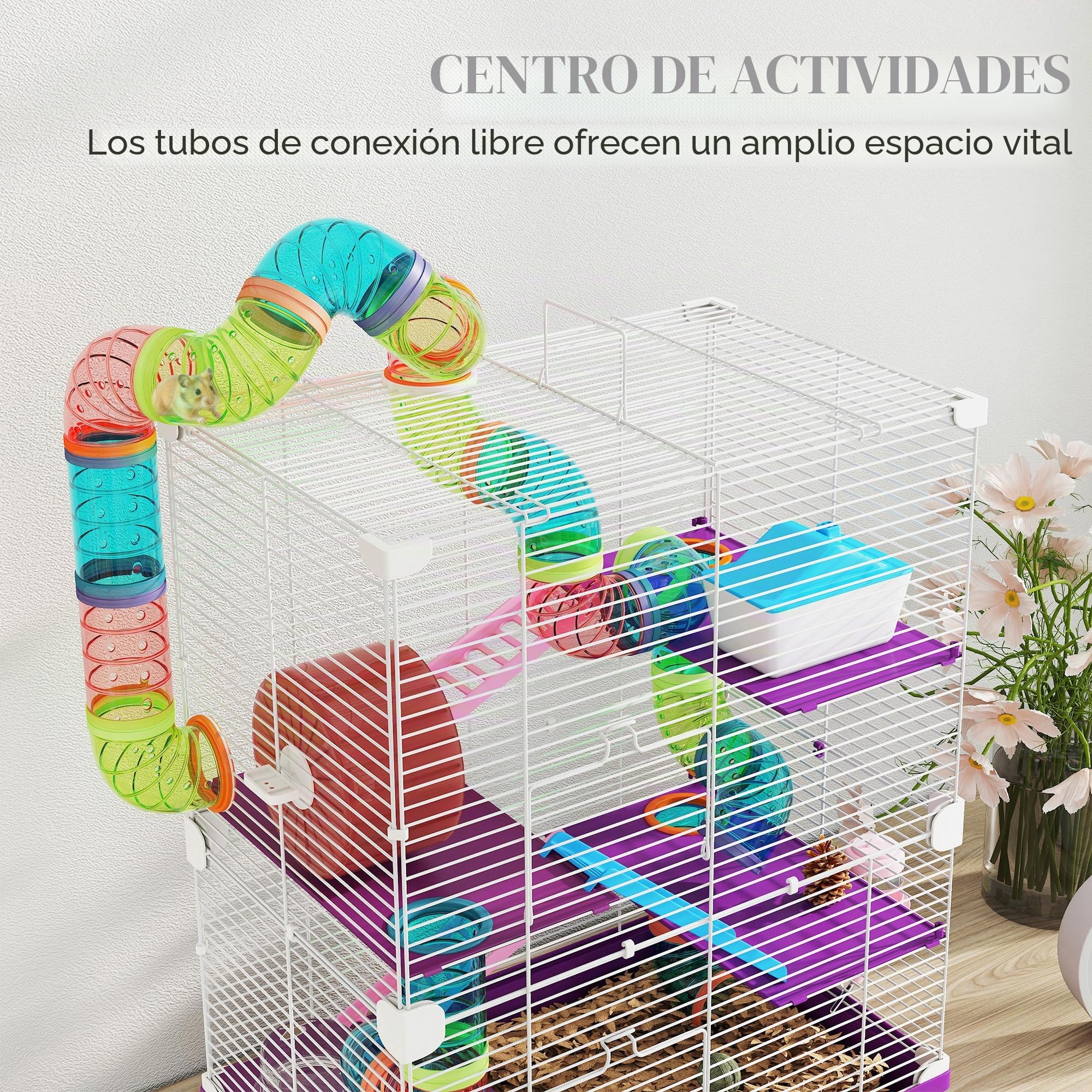 PawHut Jaula para hámster roedor 4 Pisos con túneles alimentador Rueda casa escaleras Dim. 46 x 30 x 58 cm, Color Morado