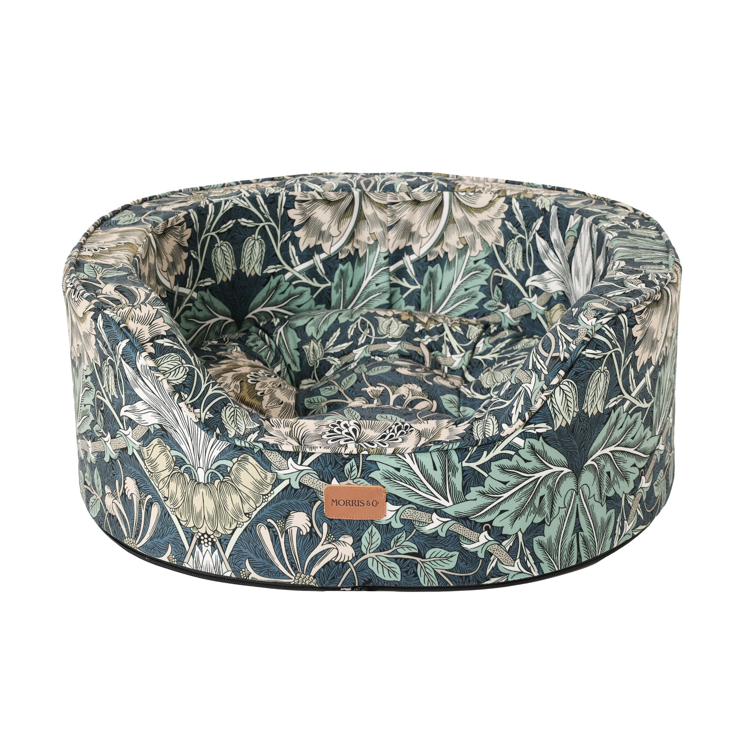 Rosewood x Morris & Co. Honeysuckle & Acorn Oval Dog Bed, Medium – Luxury Reversible Pet Bed with Iconic William Morris Floral Prints, Soft Washable Cushion, Padded Sides – Stylish Heritage Design