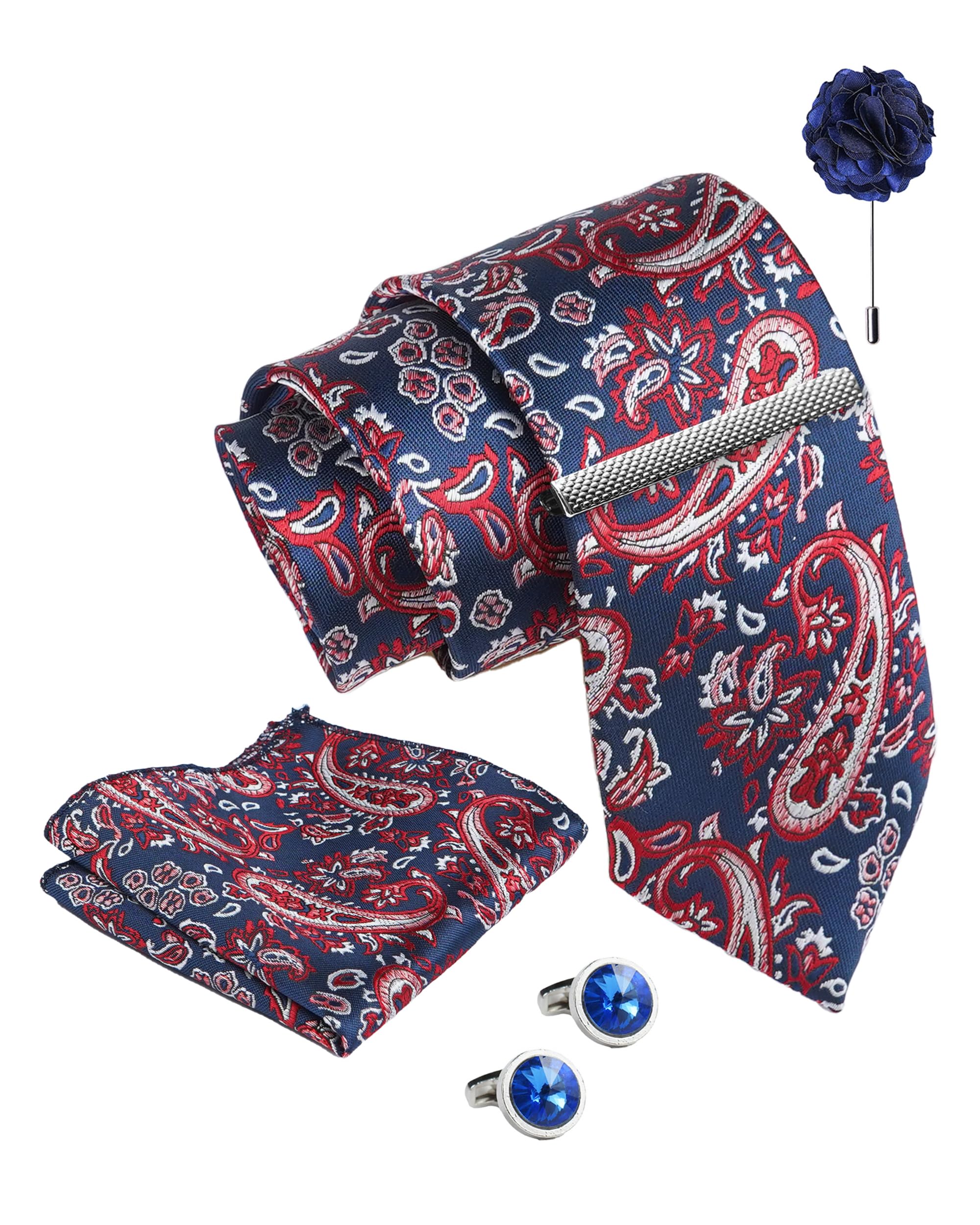 axlon Tie for Men – Paisley Silk Neck Ties Set with Cufflinks Flower Pin, Pocket Square & Black Gift Box, Combo Necktie Sets for Office Wear, Formal Suits (Ruby Blue Contrast, NXPLX_108)-picture-36