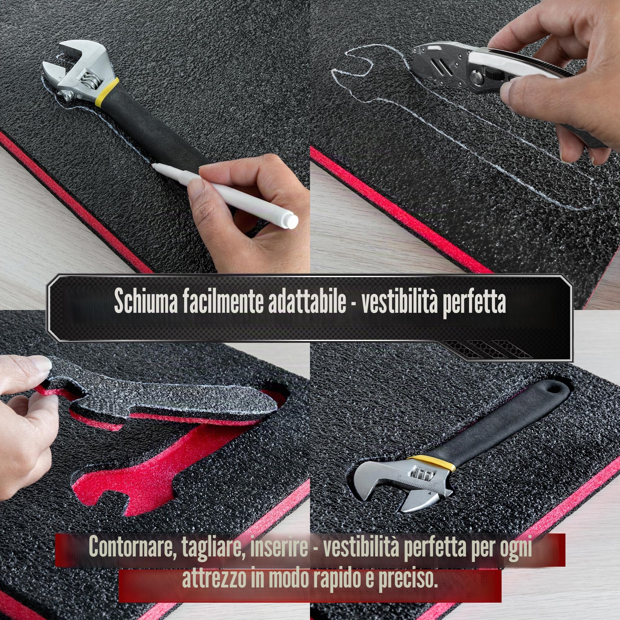 Precision Defined Kit Schiuma per Cassette degli Attrezzi - Inserti per Custodie, Shadow Foam Nero/Rosso (40,6 x 30,4 x 2,54 cm, Confezione da 4)