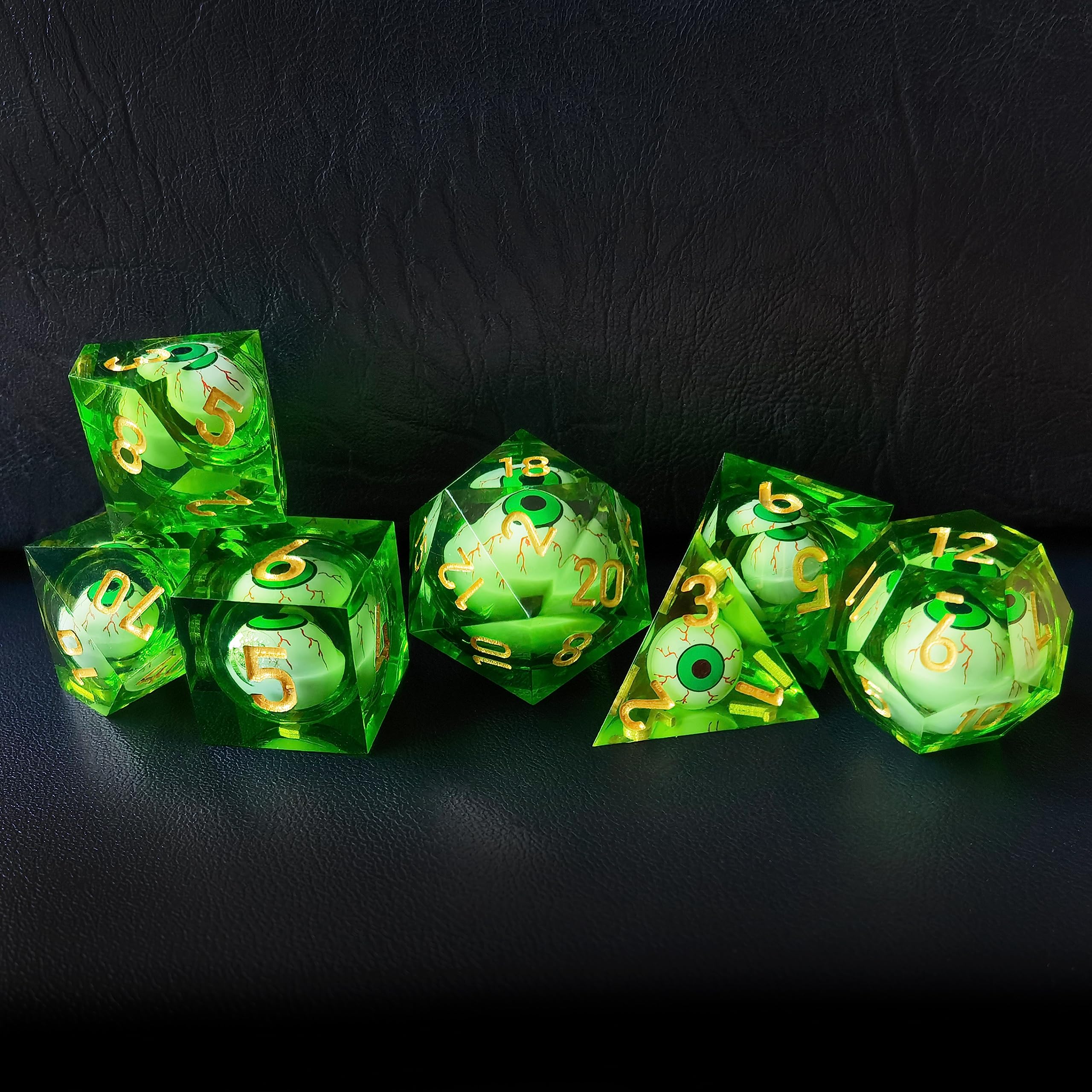 BESCON Sharp Edged Liquid Core Rolling Eyeball Polyhedral Dice Set – Razor Edge Polyhedral Dice with Rolling Eyeball Inside (7 szt. RPG Dice Set with Green Eye)
