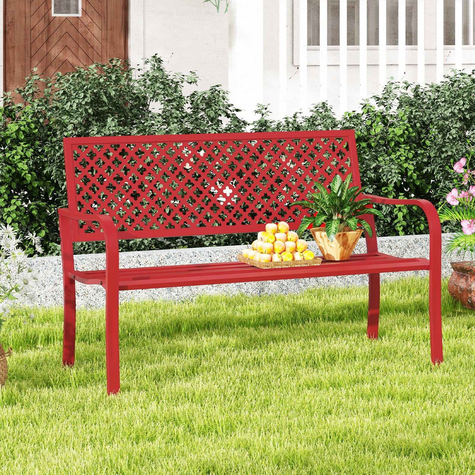 COSTWAY Panchina da Esterno, Panca da Giardin in Metallo con Schienale Traforato, Sedile a Doghe e Braccioli, Panchina Moderna per Cortile, Terrazzo e Giardino, Portata 300 kg (Rosso)
