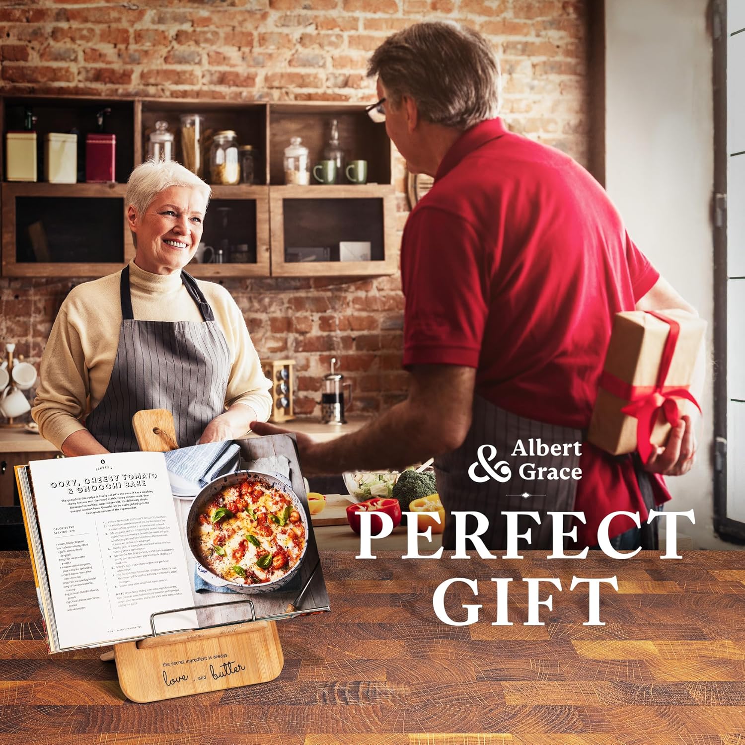 Albert&Grace Adjustable Bamboo Cookbook Stand with Conversion Chart – Recipe Book Holder for Kitchen Counter, Large Wooden Stand for Cookbooks, Tablets, & iPads