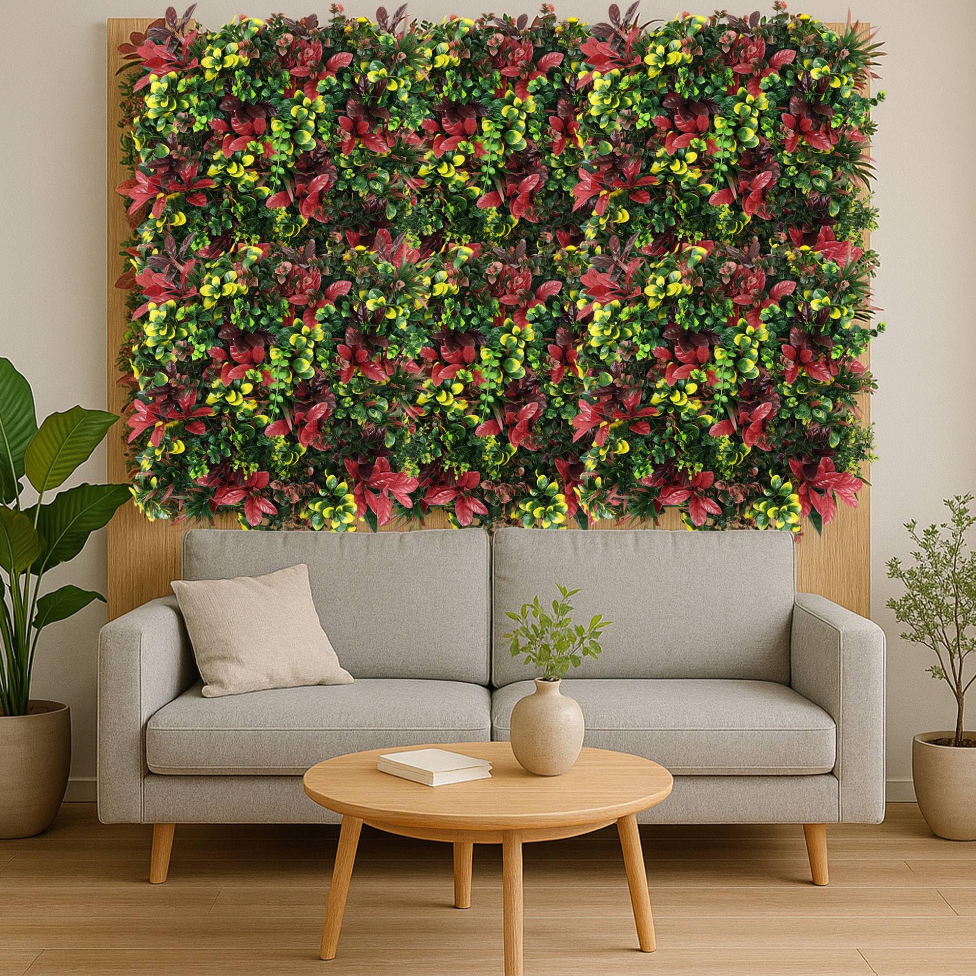 Well Home Sztuczny pionowy ogród, żywopłot 100x100cm, do dekoracji wnętrz i na zewnątrz w kolorze czerwonym i zielonym do naturalnej dekoracji