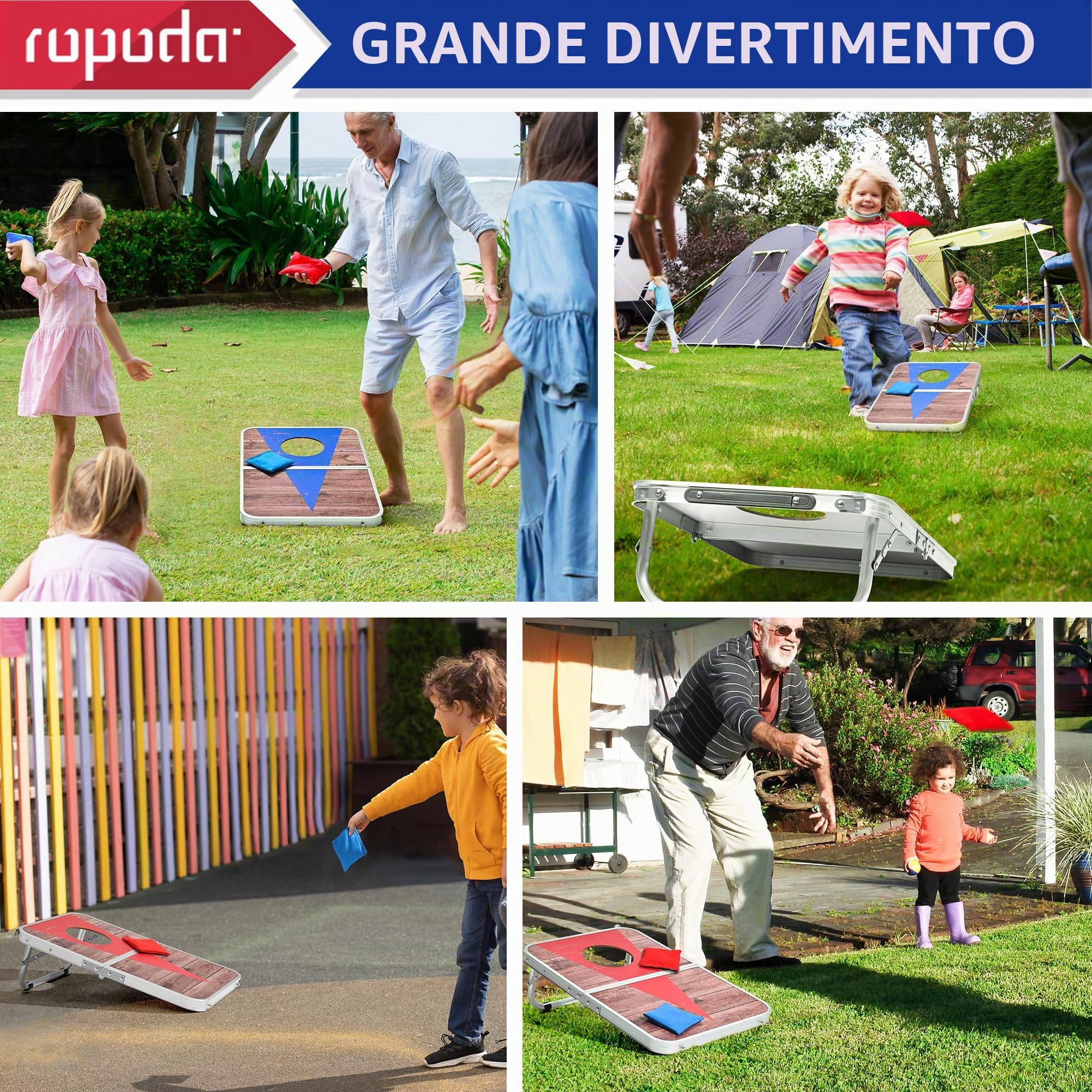 ROPODA Set da Gioco per Cornhole, Gioco da Lancio di Mais Portatile con 8 Sacchetti di Fagioli, Cornhole Bordo in Lega di Alluminio Leggero, Giochi da esterno Interno per Bambini Adulti