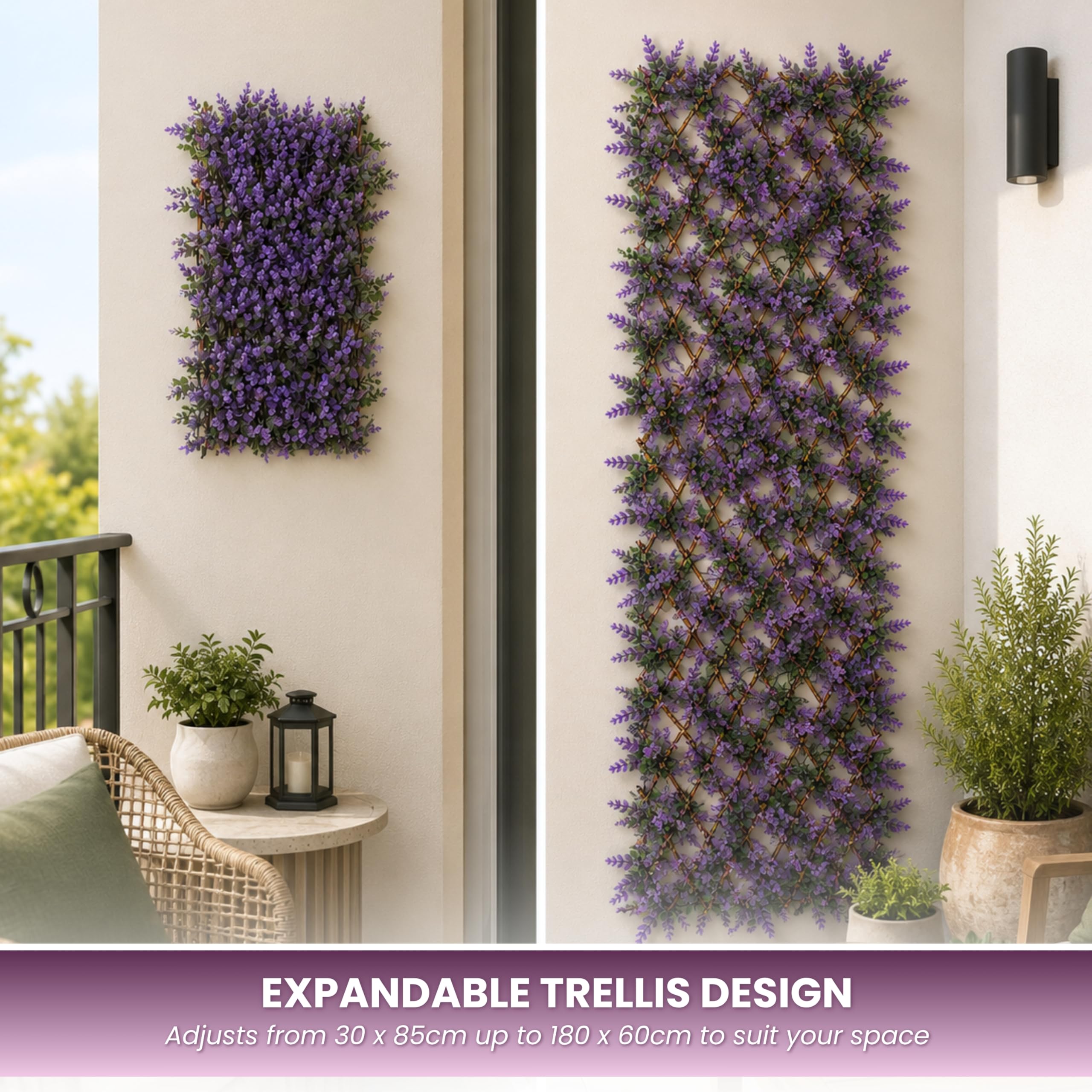 Garden Mile Treillis de fleurs violettes artificielles extensibles de 180 x 60 cm avec fausses feuilles pour jardin, clôture, panneau mural décoratif, balcon, terrasse