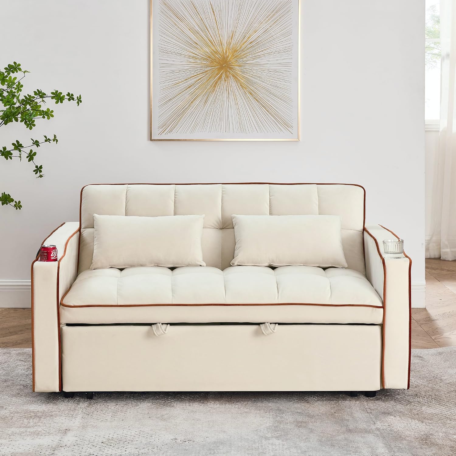 Close-up of the sofa armrest showing USB ports and a cup holder