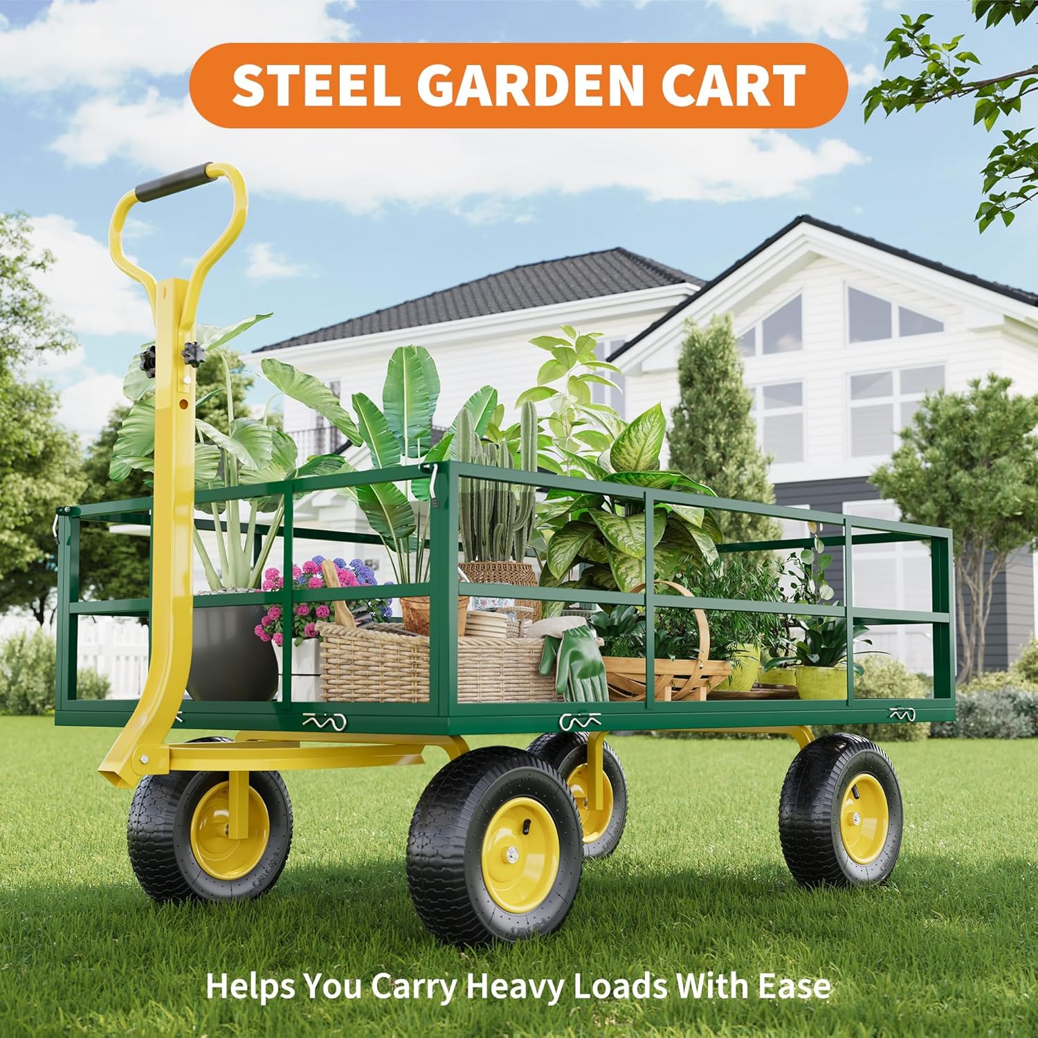 Metal Wagon Cart Heavy Duty - 1200lbs Capacity Garden Wagon with 10" Multi-Terrain Tires, 4 Removable Mesh Sides & 180° Swivel Handle for Lawn, Yard, Patio Gardening and More