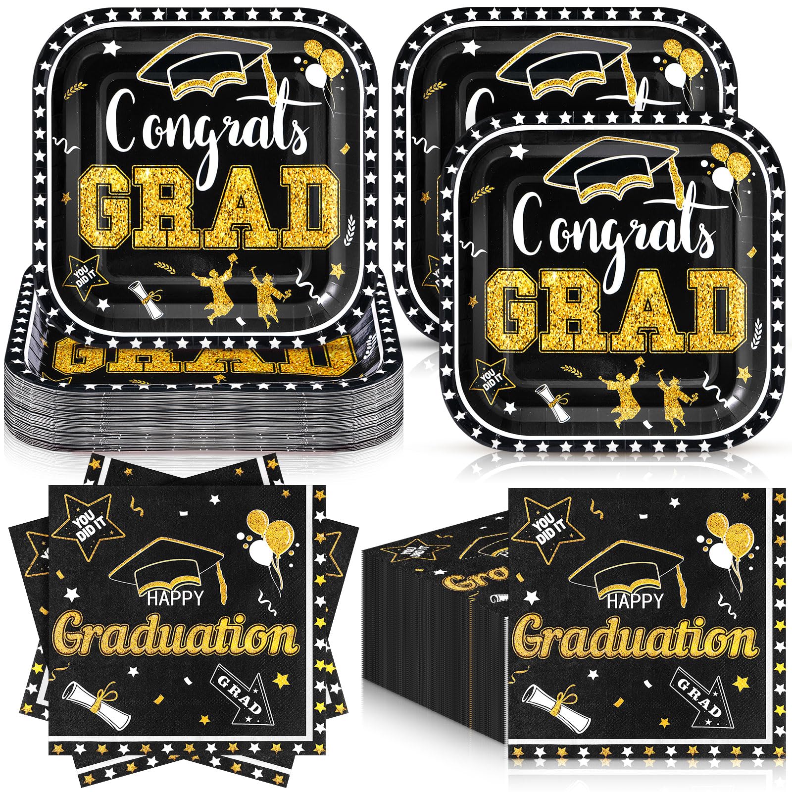 Zhehao 72 Pcs 2026 Graduation Plates and Napkins Set Serve 36, Black and Gold Graduation Party Supplies, 7" Square Congrats Grad Paper Plates and