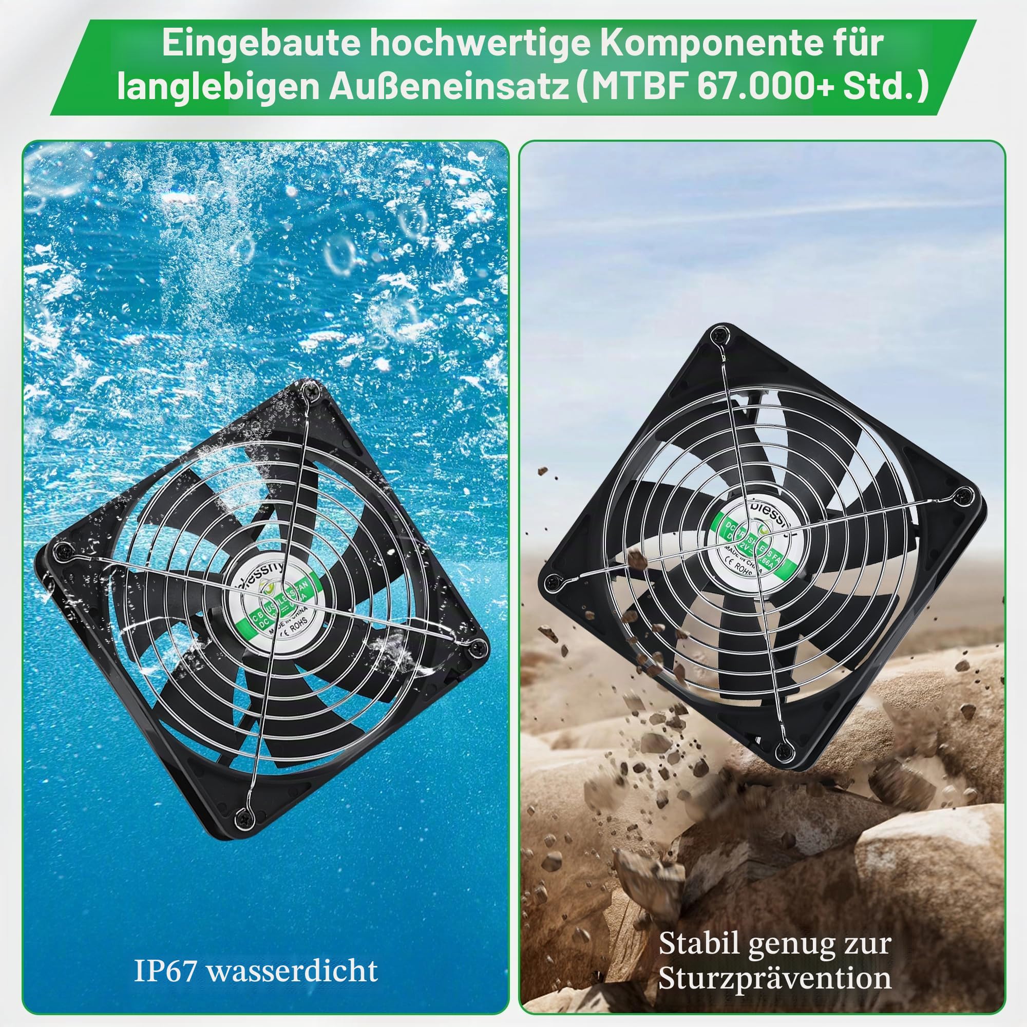 blessny Solarbetriebenes Lüfter-Set, 25 W Solarpanel mit 2 wasserdichten Ventilatoren für Hühnerställe, Gewächshäuser, Schuppen, mit 4,5 m An-/Aus-Schalterkabel