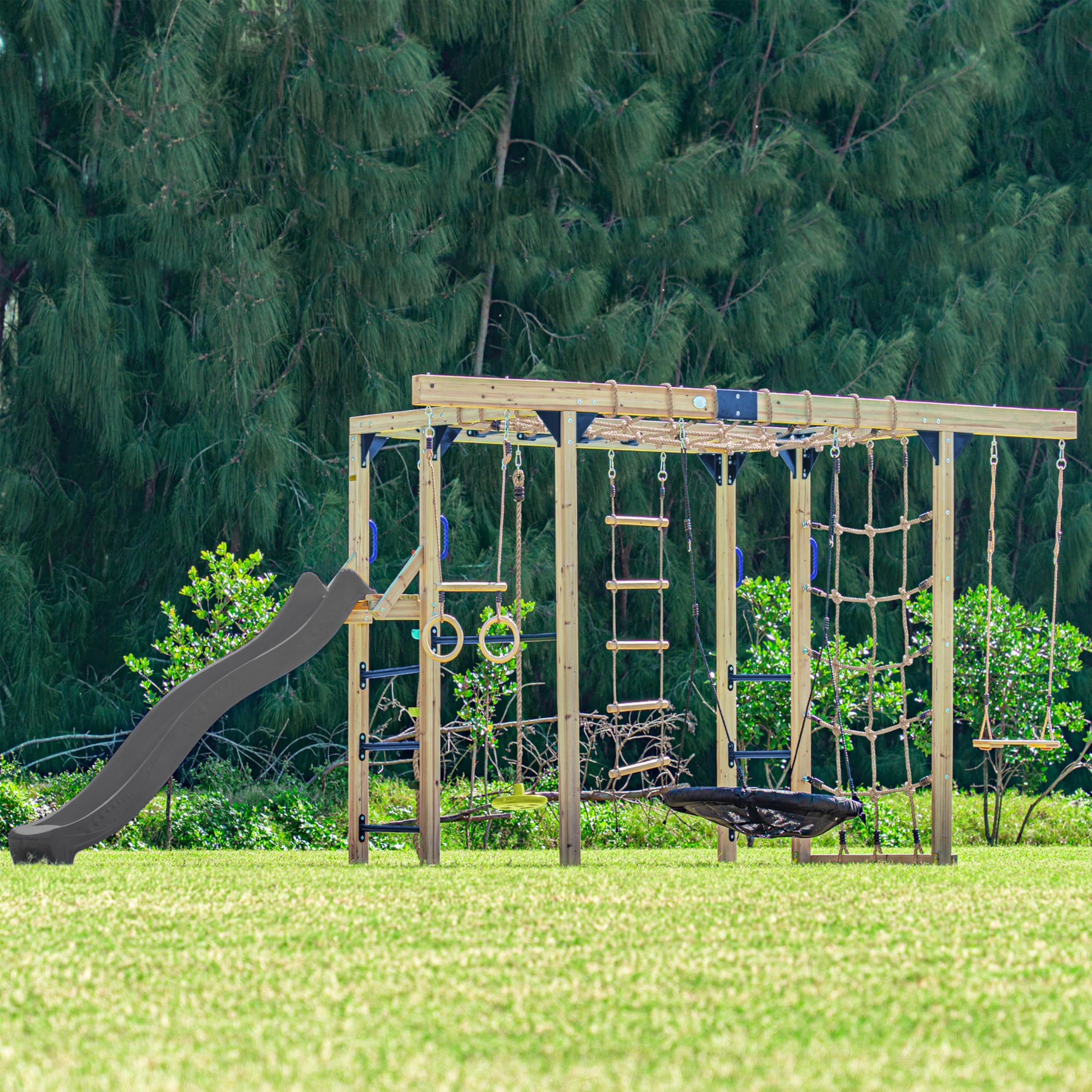 Axi Boris Aire De Jeux en Bois/Structure d'escalade, Toboggan Gris - Balançoires, Trapèze, Cordes d'escalade Et Barres De Singe | Jeux Extérieur