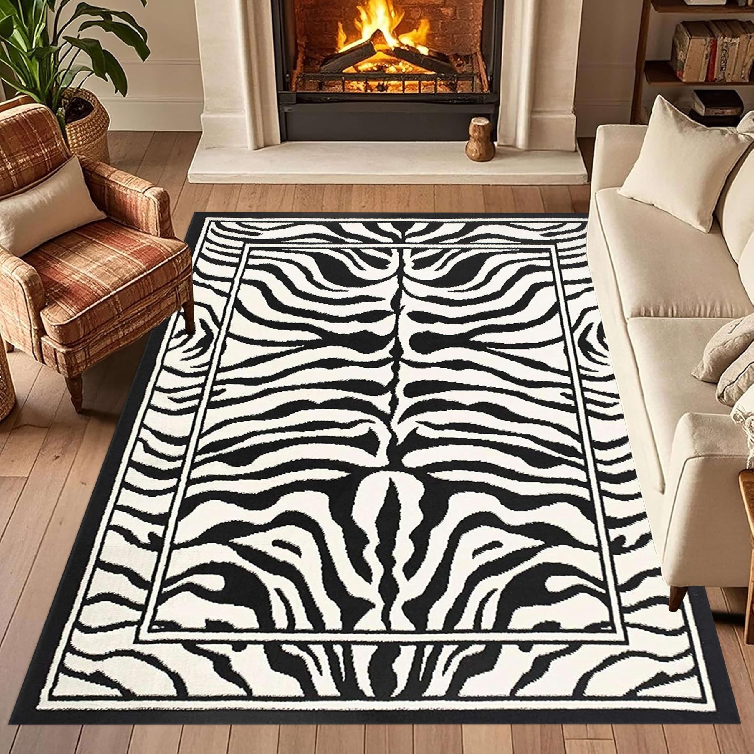 Houient Zebra Print Rugs for Living Room, 60x110cm, Modern Stylish Animals Skin Texture Black and White Rug, Lightweight Breathable Unique Animal Pattern Lounge Area Rugs for Dining Room
