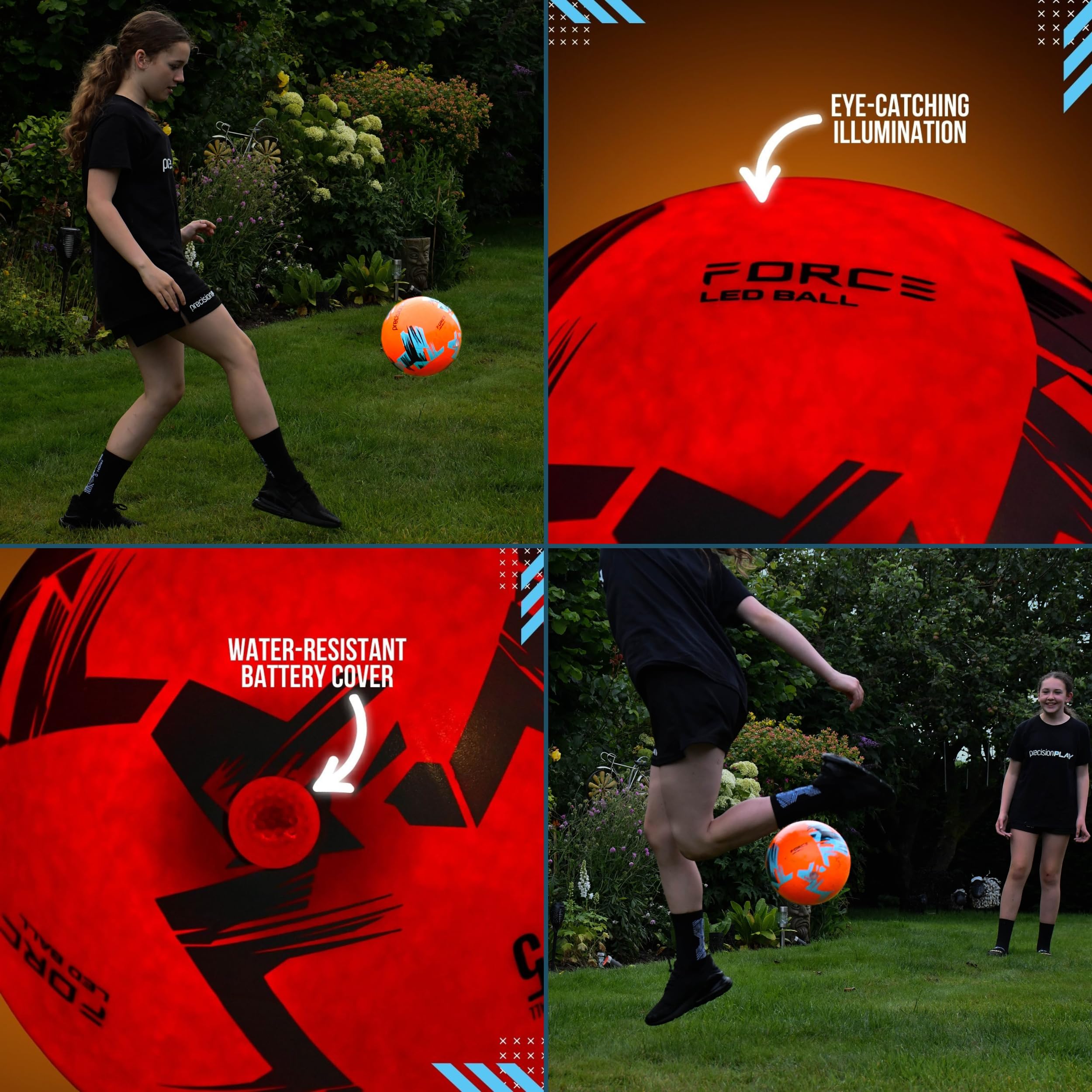Precision Play Force - Balón de fútbol con luz LED, Brilla en la Oscuridad, Recargable y Resistente al Agua, Naranja Fluorescente, construcción de Goma Duradera, tamaño 5