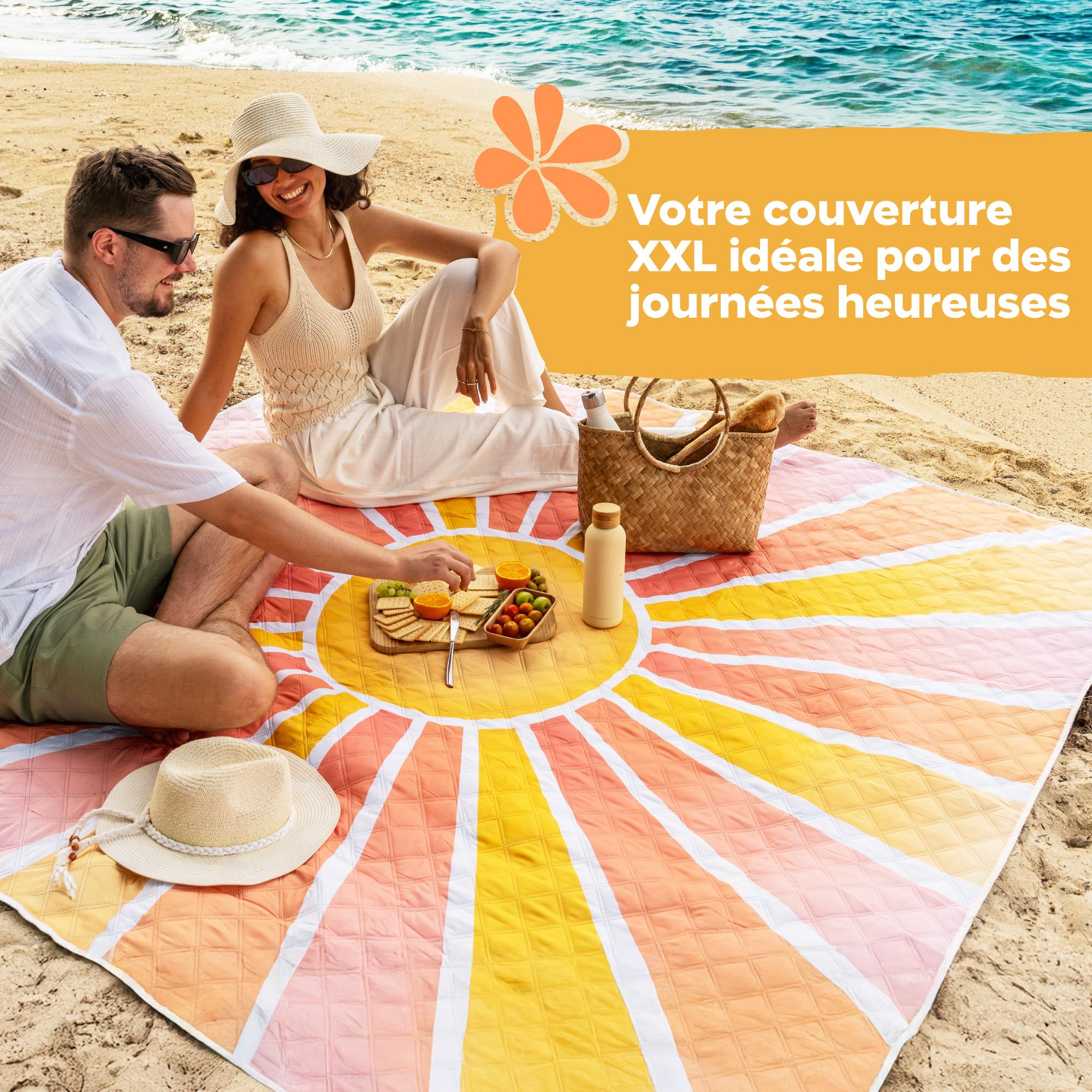 Twinzee Couverture de Pique-Nique 200x200cm Imperméable et Anti-Sable - Tapis de Plage Lavable, Pliable et Portable, idéal pour Plage, Pique Nique, BBQ et Camping - Sun