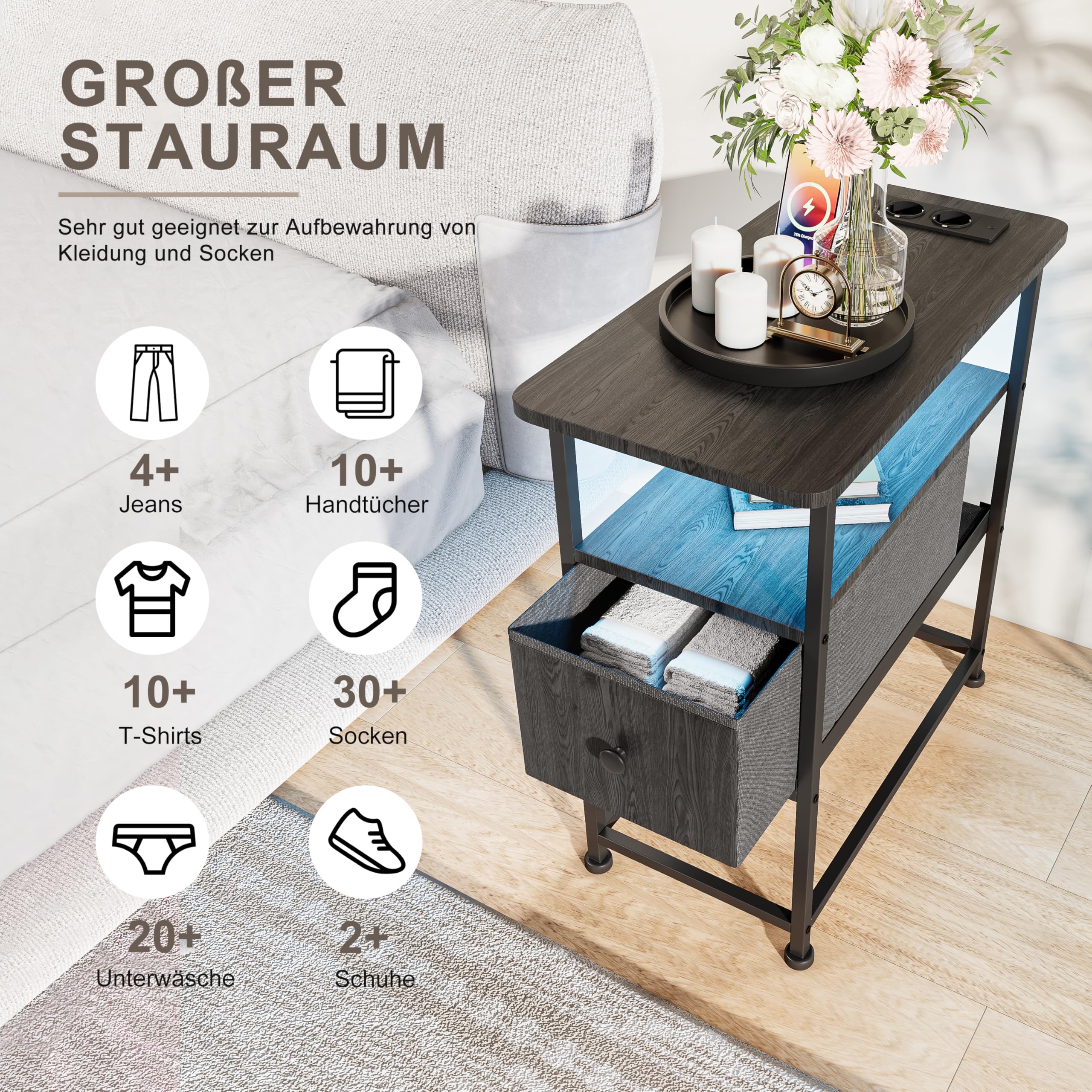 Stolik pomocniczy wąski z lampkami LED i stacją ładującą, stolik nocny z 1 szufladą z materiału, stolik kawowy z otwartym regałem, do sypialni, salonu, 60 x 30 x 62 cm (czarny)