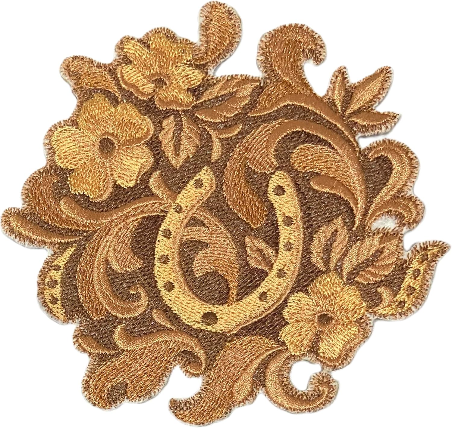 Custom and Unique Cowboy Gear[ Leather Tooling Horseshoe and Flower ] Embroidered Iron on/Sew Patch [5" *5"] [Made in USA]