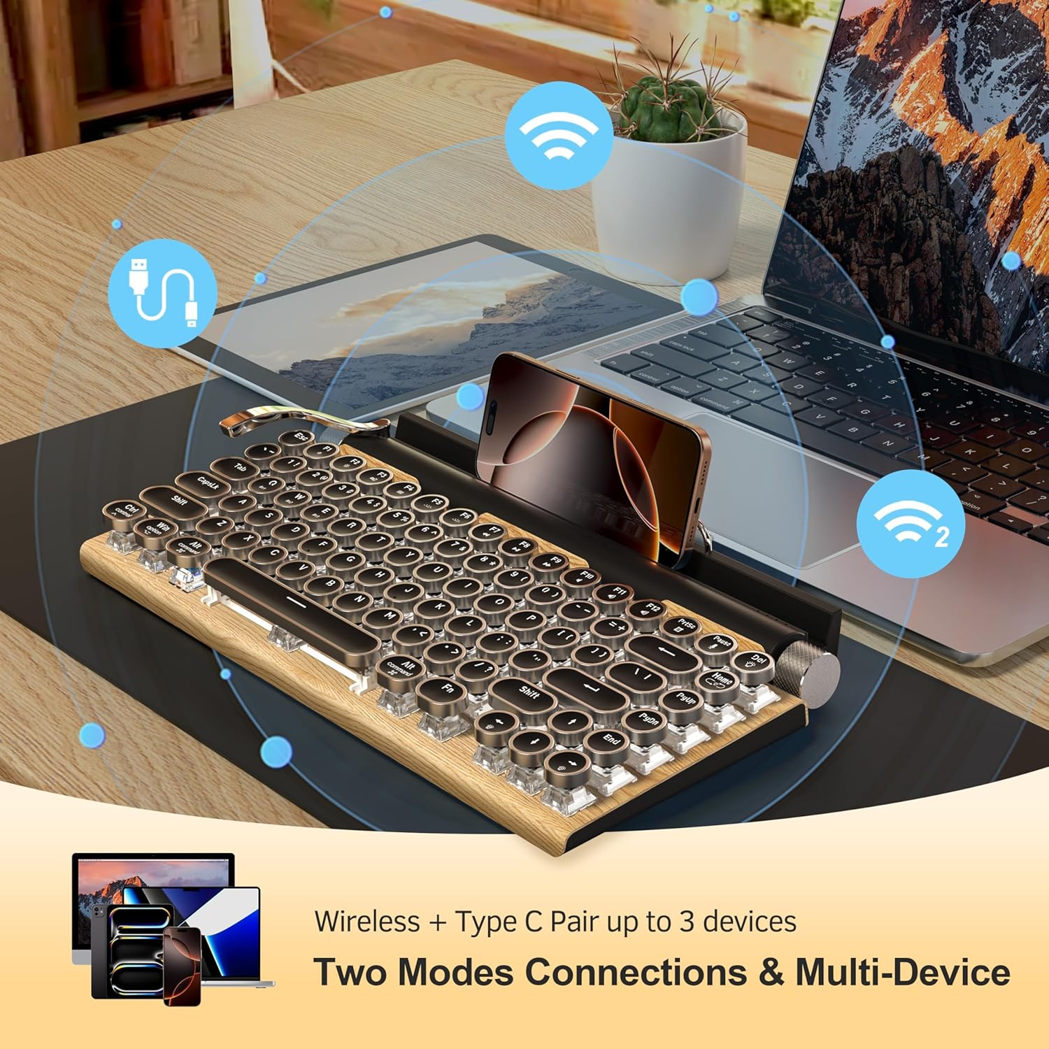 Retro Typewriter Mechanical Keyboard Wireless for PC/Laptop/Pad/Mac/Phones | Compact,Hot Swap Custom,Blue Axis,Vintage Punk Keycaps,Built-in Stand,Backlit,USB-C/BT5.0 for Gaming/Office/Home,83 Keys,Wood