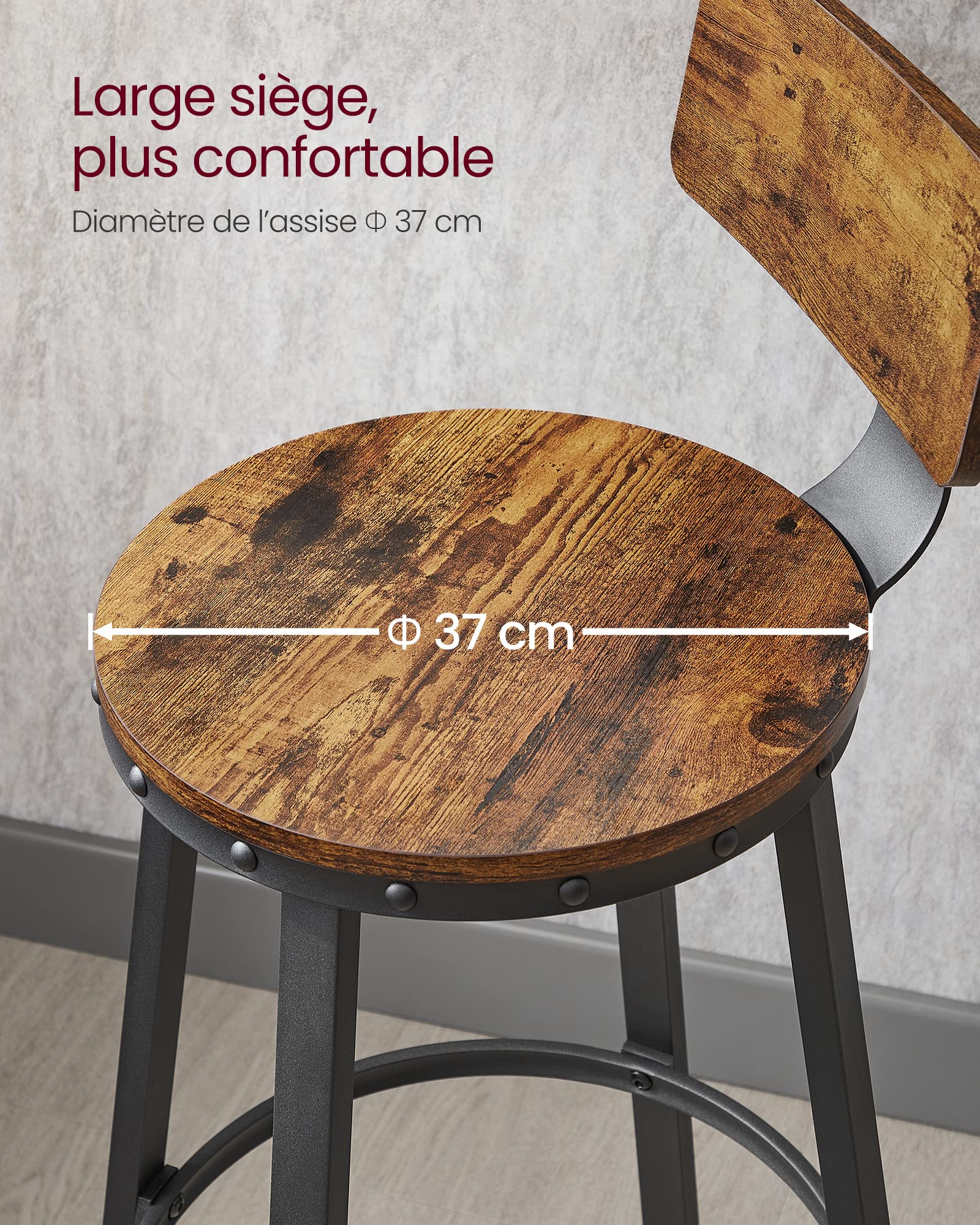 VASAGLE Tabouret Bar Industriel, Lot de 2, Chaises Bar Cuisine, avec Dossier, Cadre en Acier, Siège 73,5 cm de Haut, Montage Facile, Style Industriel, Marron Rustique et Noir d'encre LBC026B01V1