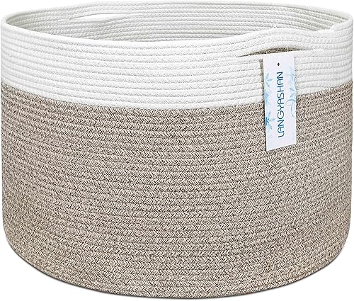 LANGYASHAN Cesta de cuerda de algodón tejida XXXL de 21.65 x 13.78 pulgadas, canasta decorativa para sala de estar, juguetes, mantas, toallas de