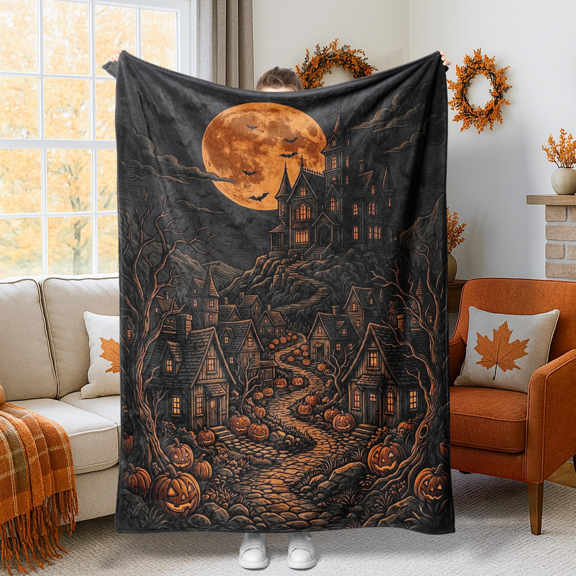 Couverture polaire Halloween citrouille et plaid de lit noir 152x203 cm pour dortoir