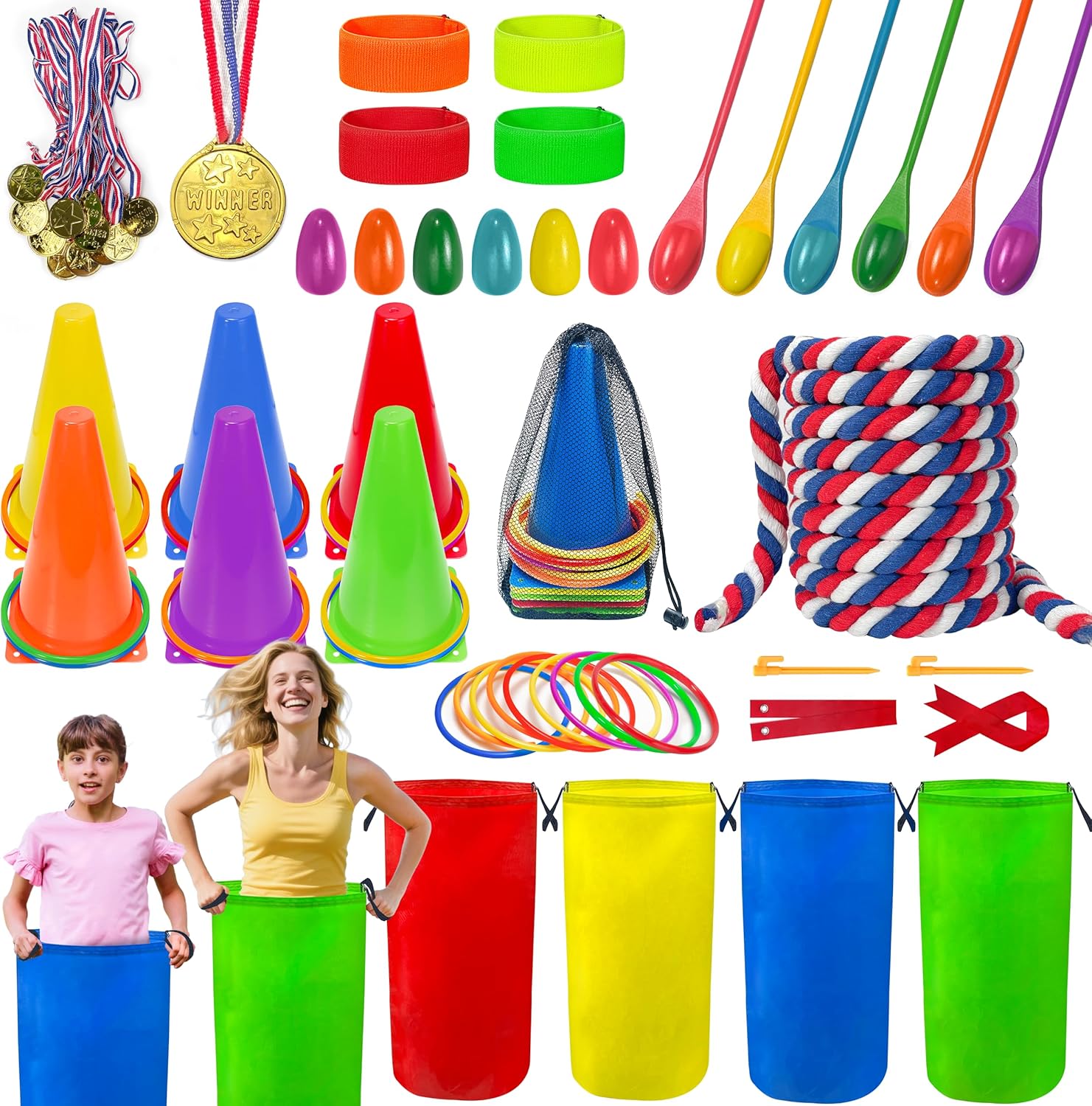 linaye field day games outdoor activities, carnival lawn yard picnic family reunion games tug of war rope sack race bags for adults and kids ring toss egg and spoon 3 legged race for birthday party