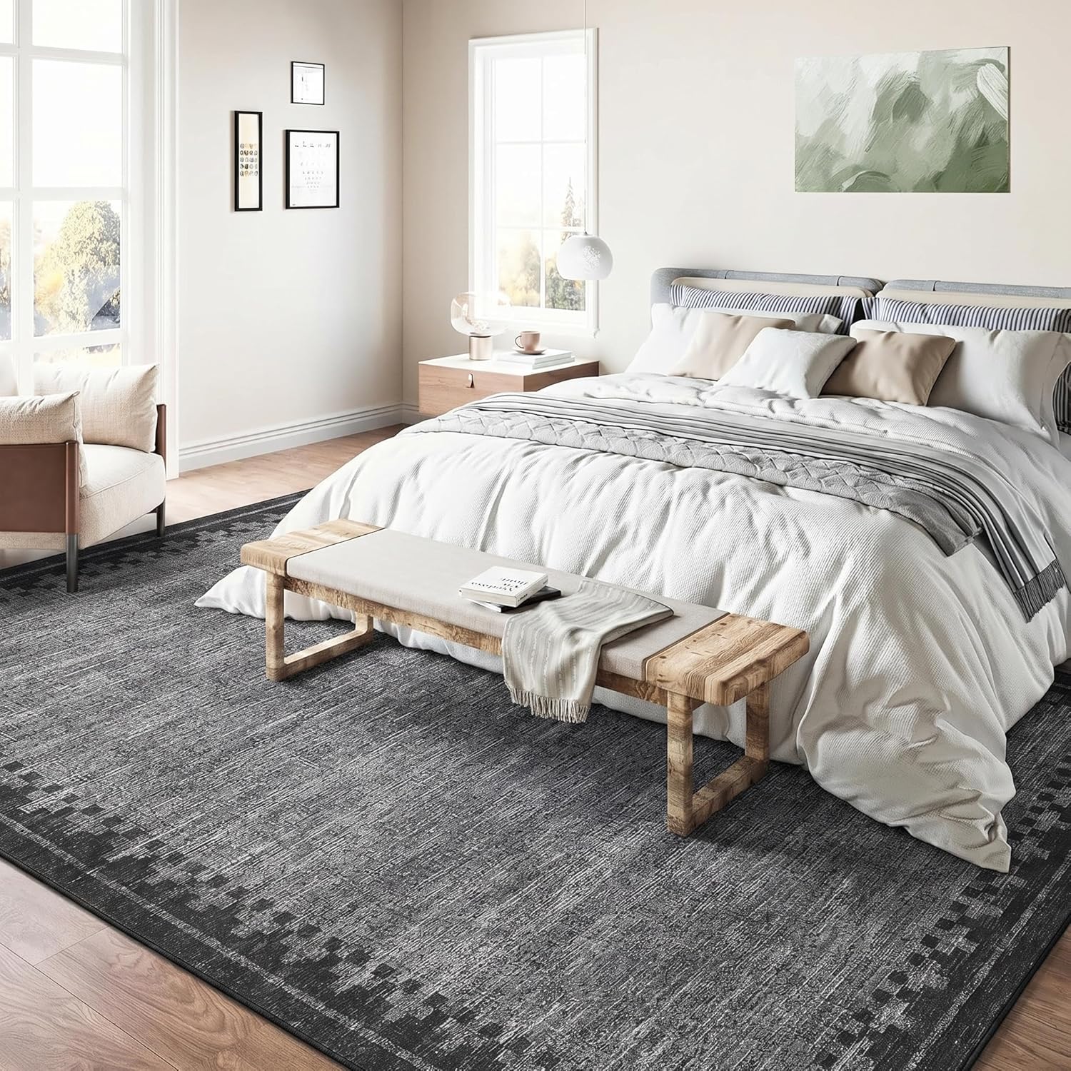 GarveeHome 8x10 Rug Machine Washable for Living Room Bedroom Geometric Bordered Non Slip Neutral Black Grey Carpet Modern Low Pile Area Rugs for Home Office Guest Room, Grey