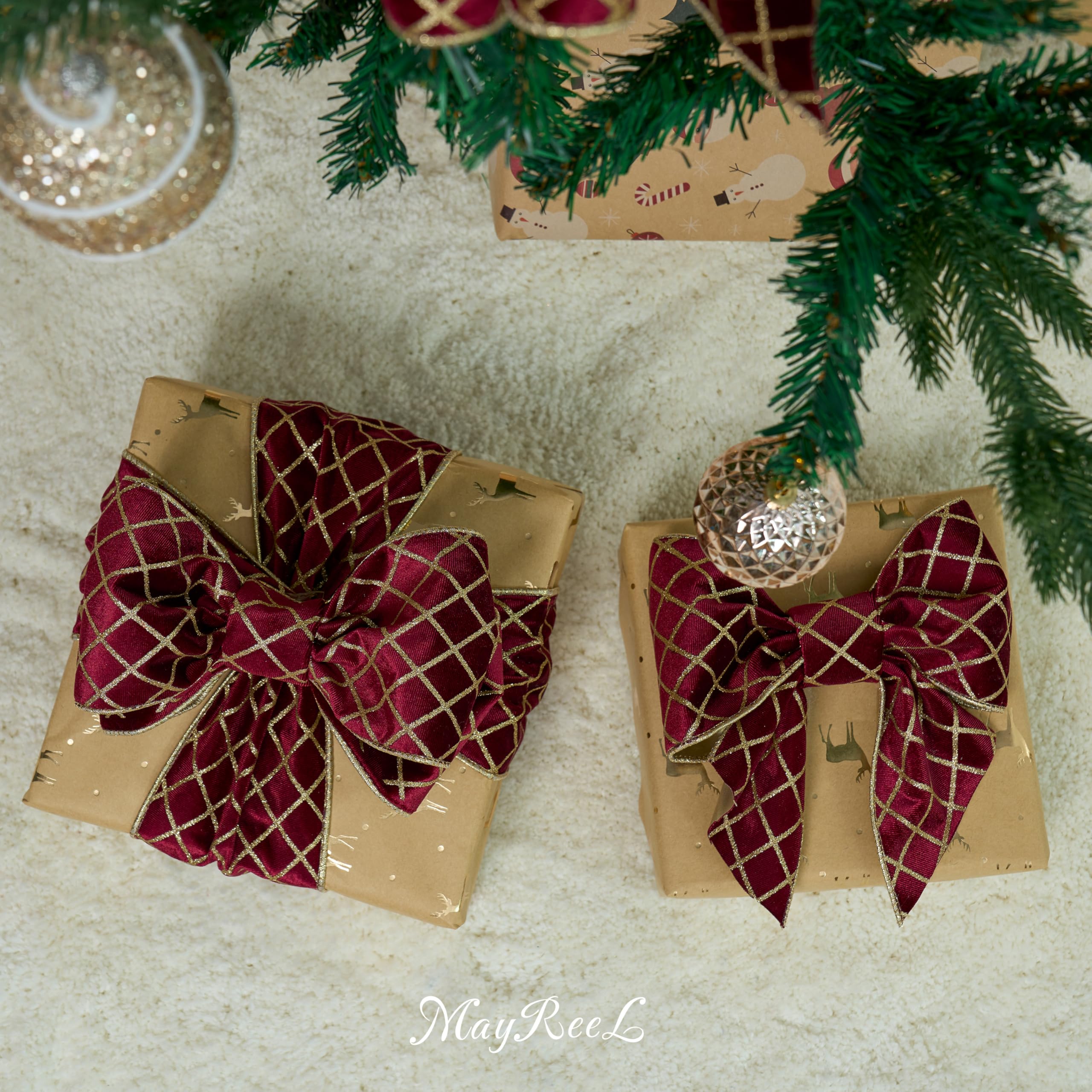 MAYREEL Burgunderrotes und goldenes Weihnachtsbaumband, 10,2 cm, metallischer Diamant-Glitzer, Samt, Drahtkante, Gitterband für Geschenkverpackungen, Blumenhandwerk, Schleifen, Kränze, Girlande,