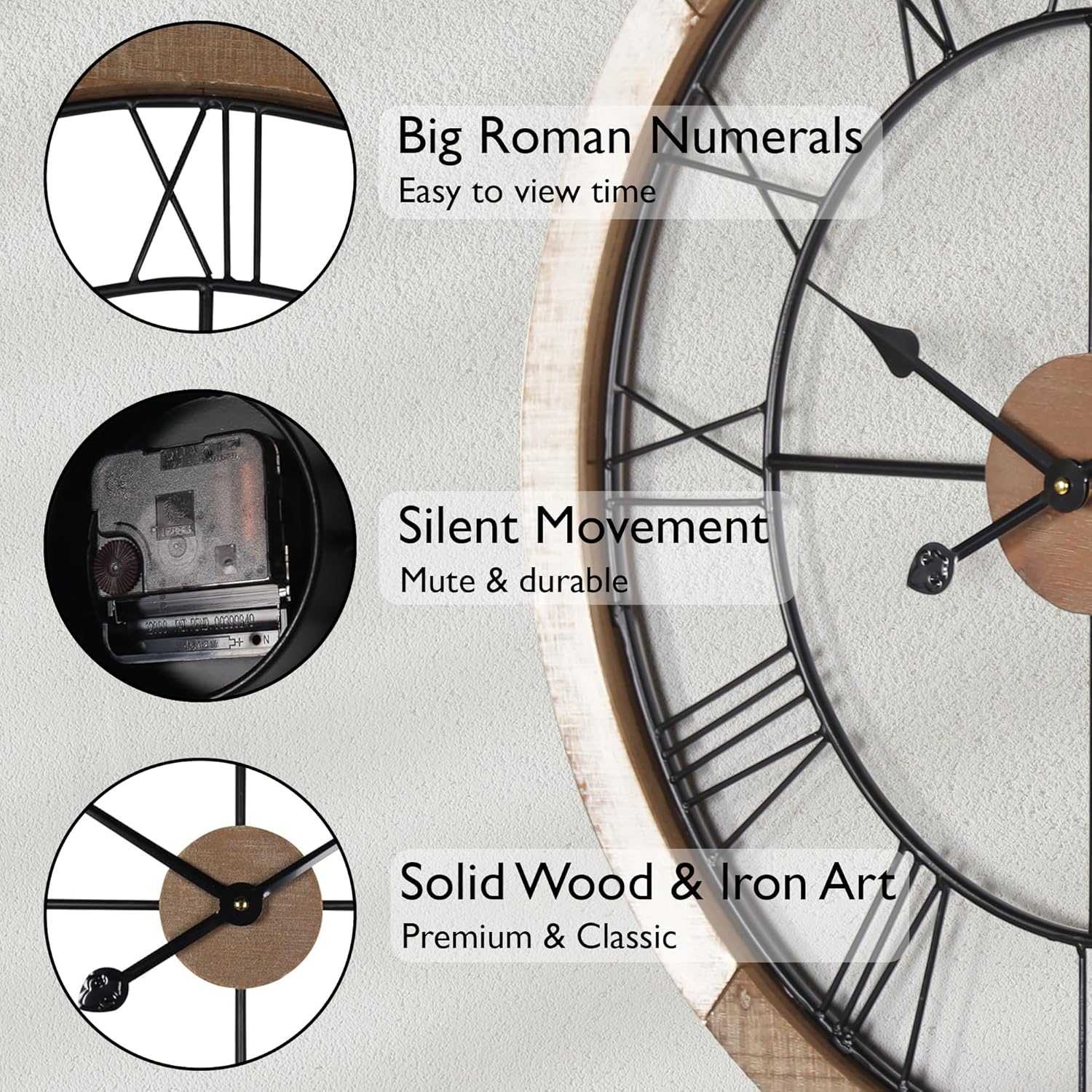 Oakrain Wall Clock for Living Room Decor, 27.5'' Big Clock for Office, Rustic Wall Clock Battery Operated, Distressed White Roman Numeral Clock, Round, Wood
