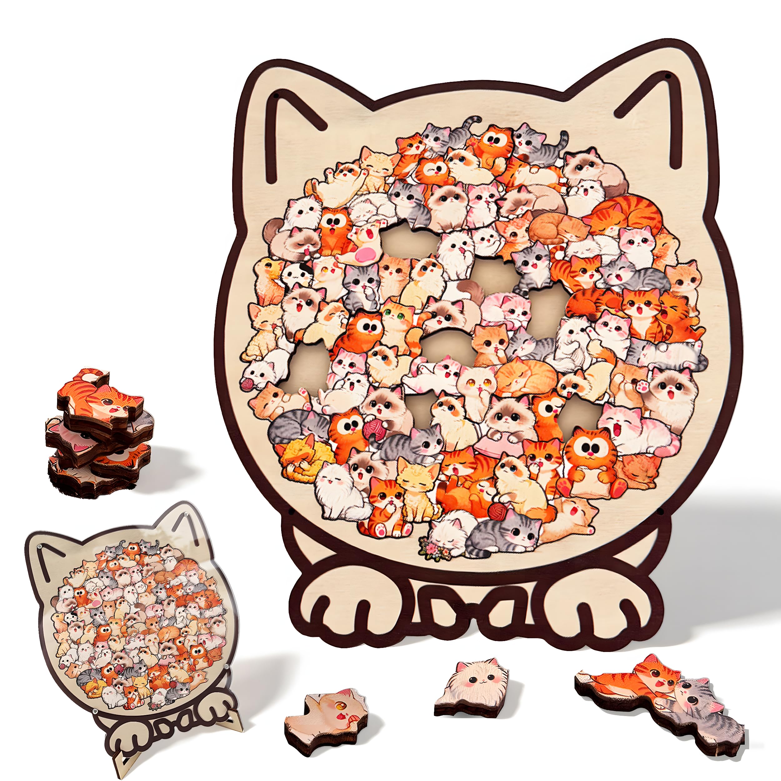 Cat Shaped Wooden Jigsaw Puzzle with Stand, Unique Animal Shape Wood Puzzle, Creative Gifts for Cats Lovers, Home Decorative Display Piece (Cat) โ image 1