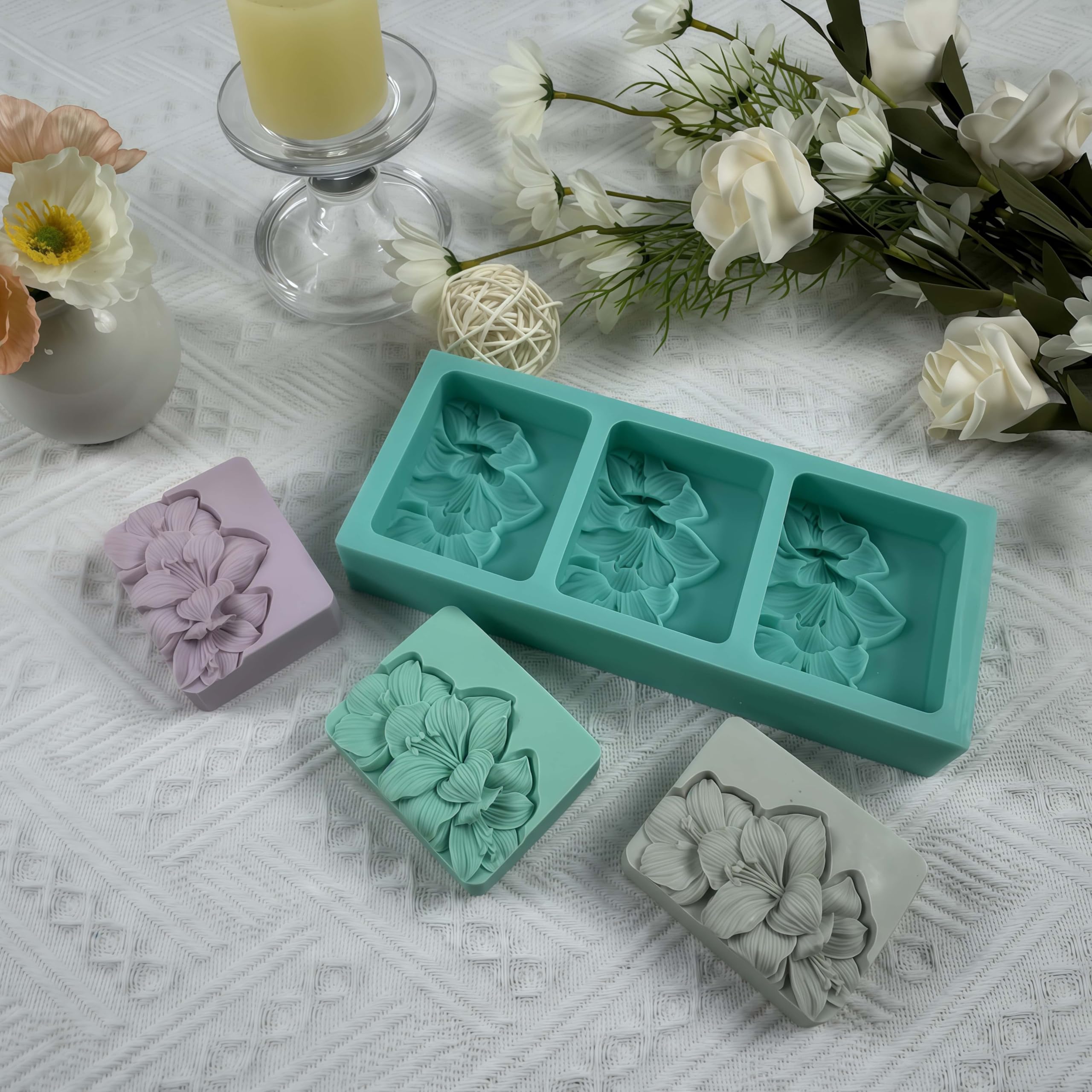 Molde de jabón natural de 3 agujeros, hecho a mano, de silicona, para hacer jabón, de flores, chocolate, pasteles, resina, yeso, para manualidades