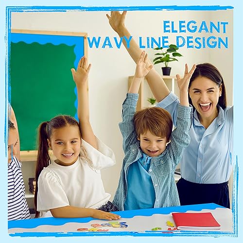 Miniatura 7 de Bordes de tablón de anuncios de 60 pies, borde ondulado azul puro con diseño de línea ondulada para escuela, aula y oficinas